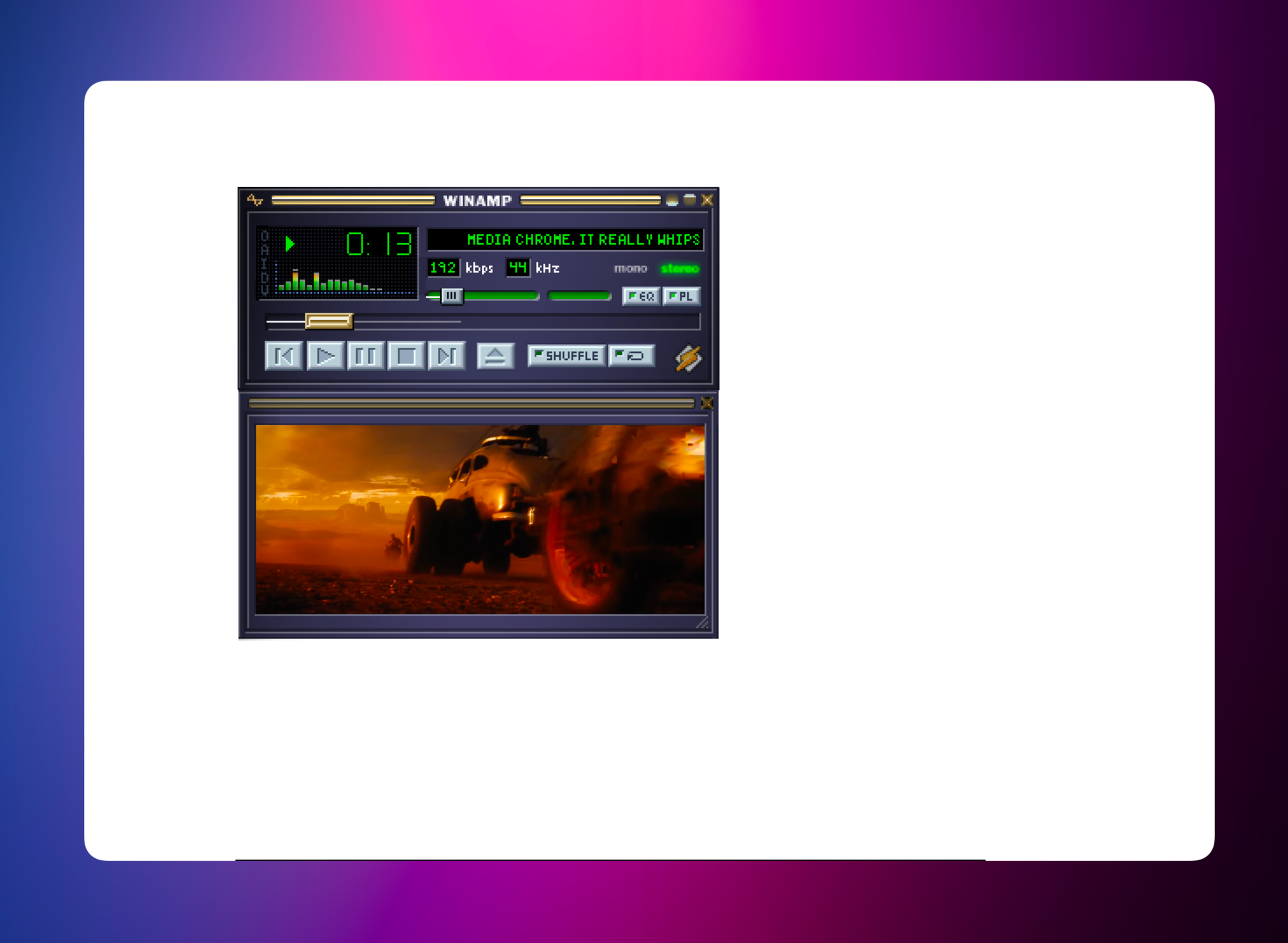 A screenshot of our final progress! Media chrome is powering the original Winamp UI.