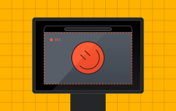 Illustration of a monitor on a stand against a yellow grid background. The screen shows a browser window with a recording indicator (red dot and "REC" label) in the upper left. A red dashed selection border outlines the recording area, which contains a large red circle with a stylized smiley face in the center.