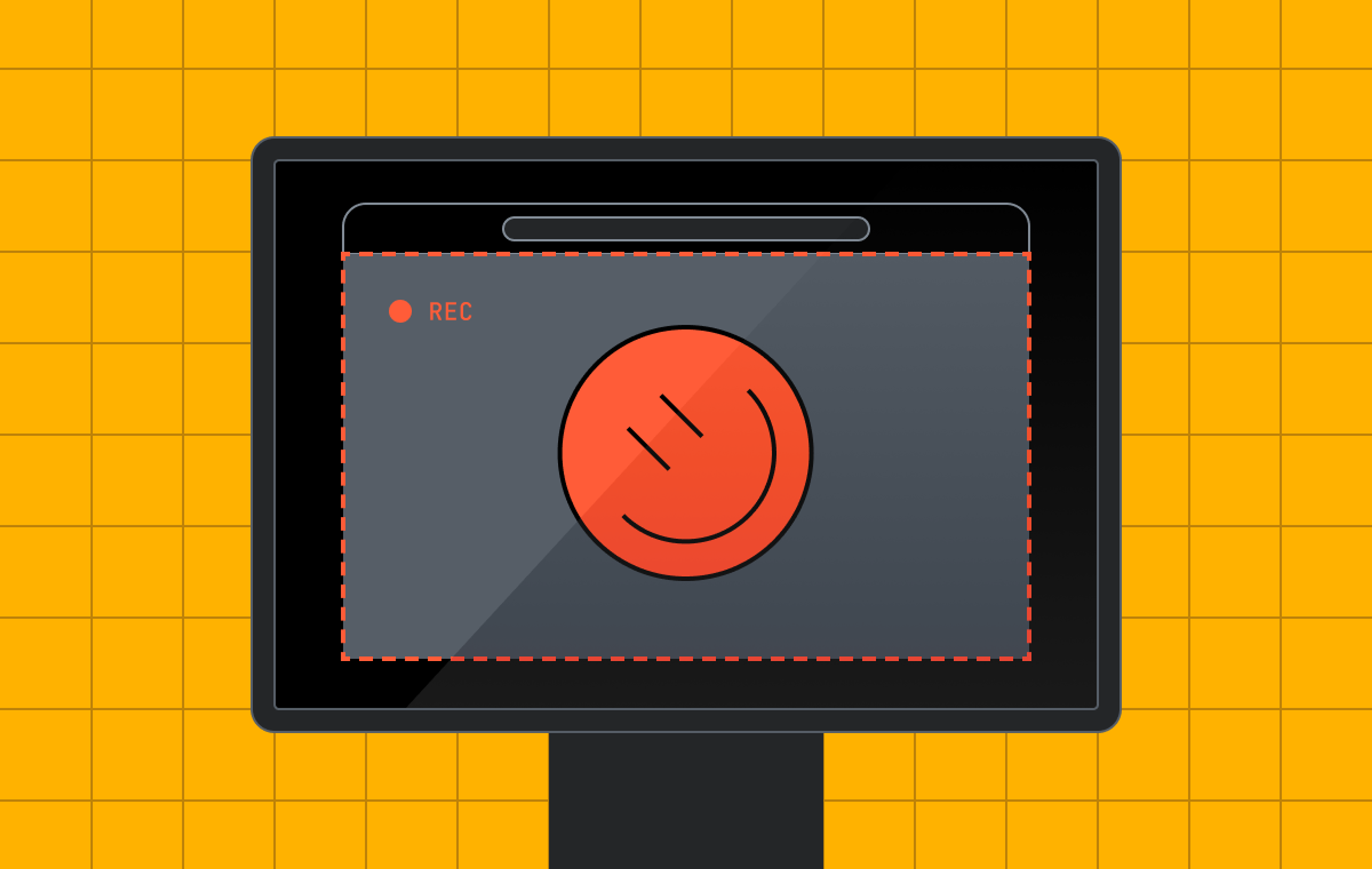 Illustration of a monitor on a stand against a yellow grid background. The screen shows a browser window with a recording indicator (red dot and "REC" label) in the upper left. A red dashed selection border outlines the recording area, which contains a large red circle with a stylized smiley face in the center.