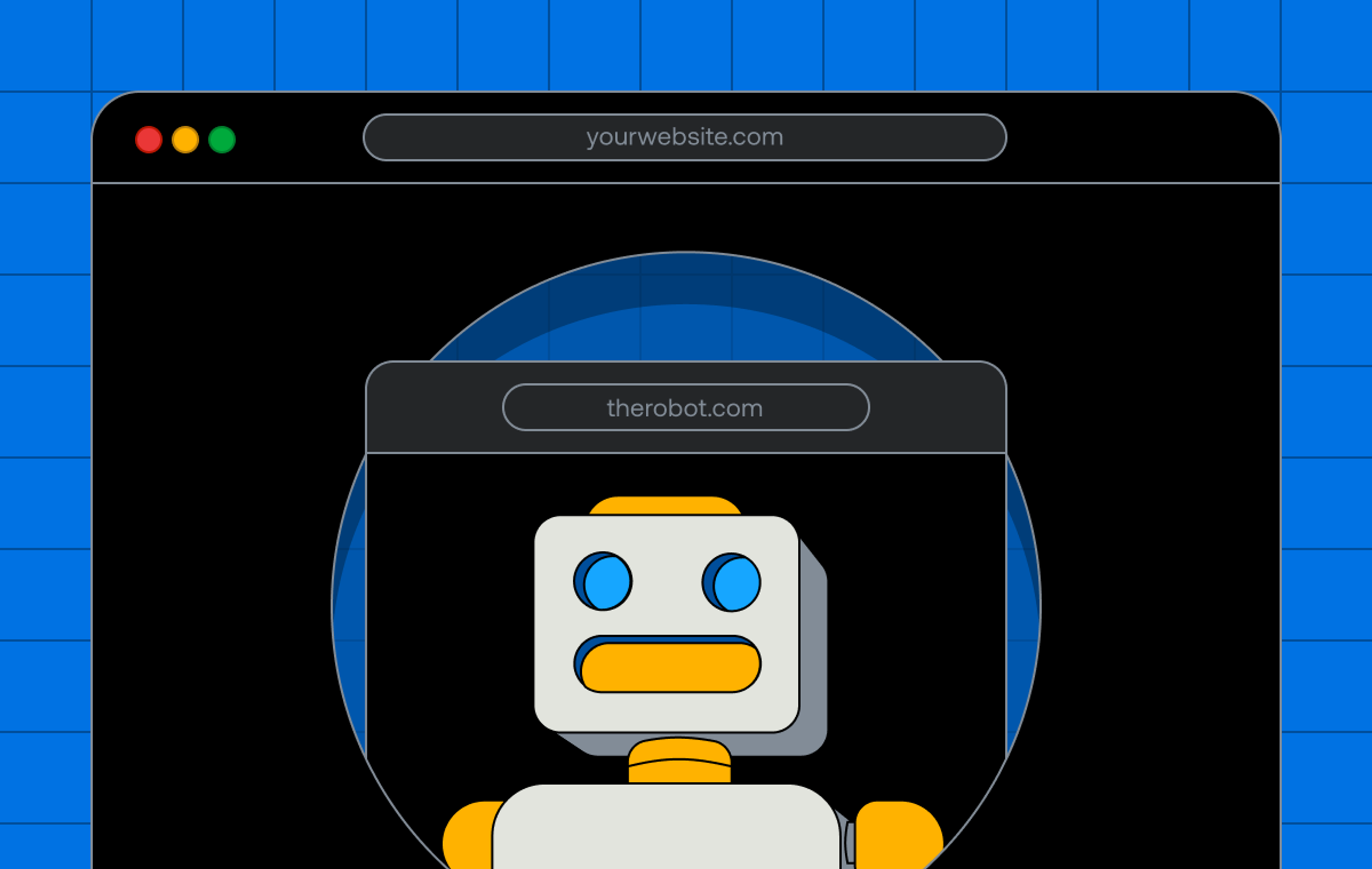 A robot illustration nested within a browser illustration. Composed on a blue background with thin black grid lines.