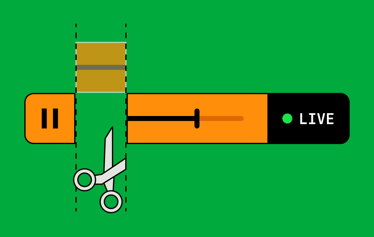 On a green background, an image of a live video timeline with a section clipped out by scissors