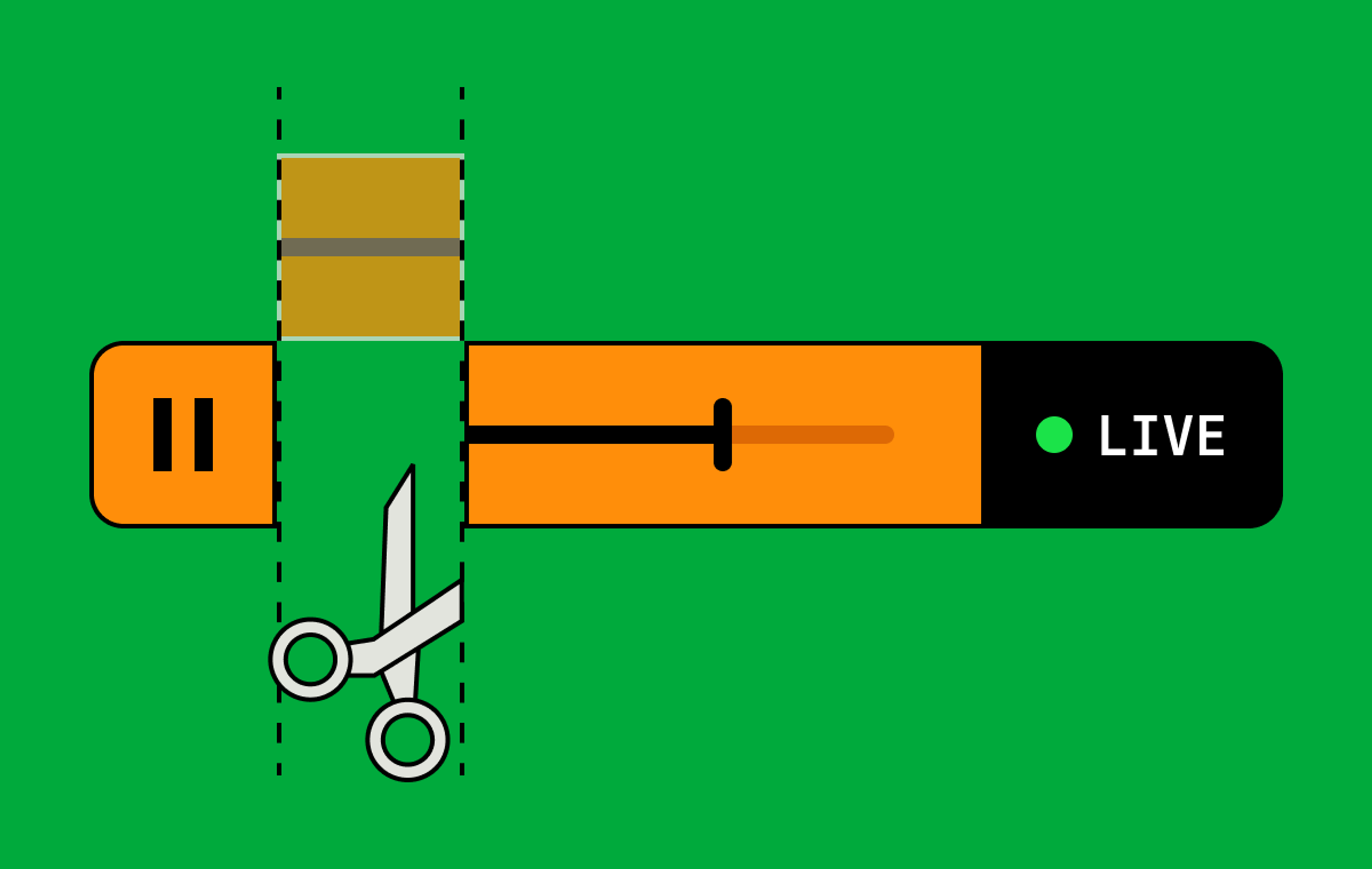 On a green background, an image of a live video timeline with a section clipped out by scissors