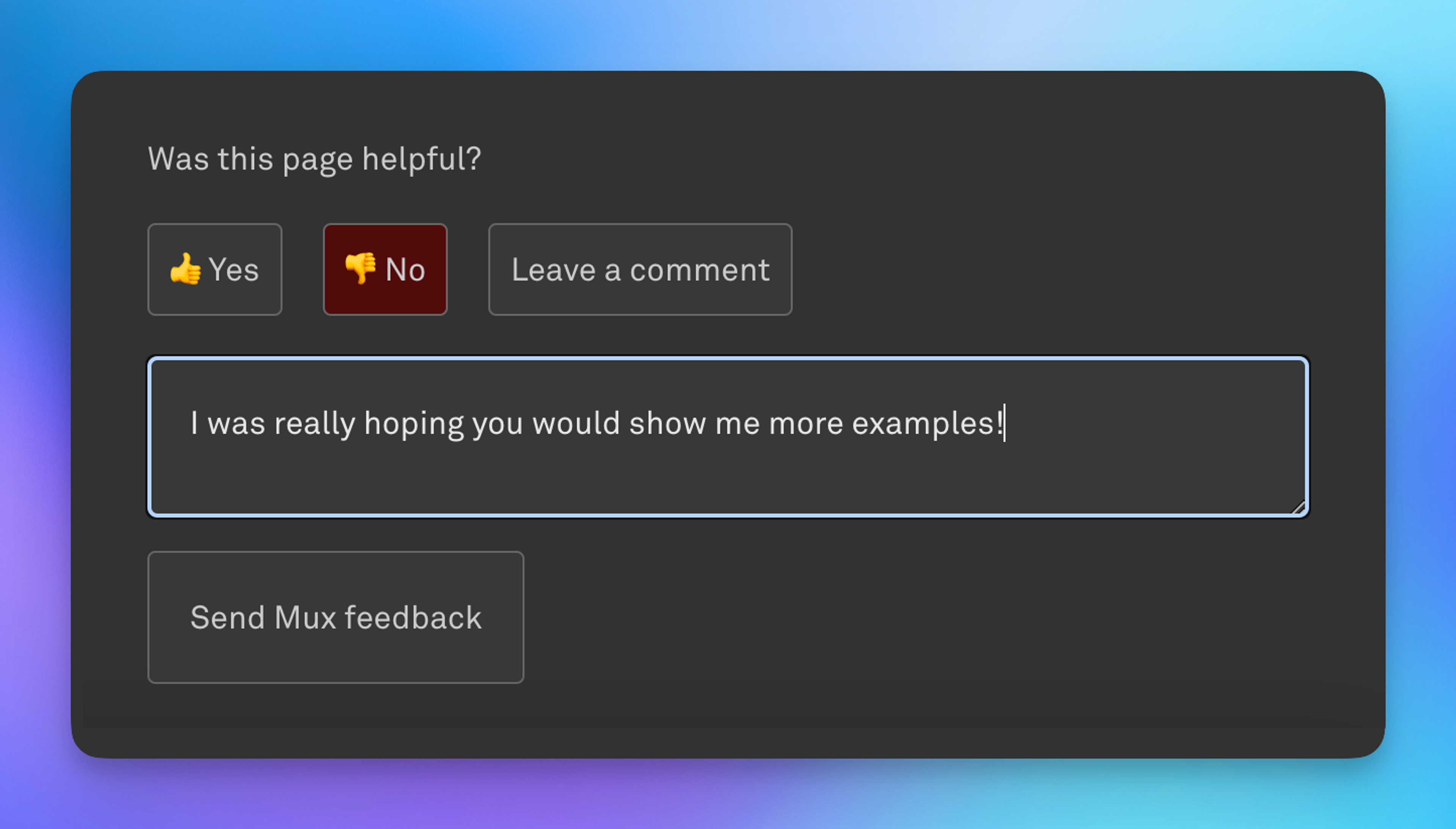 A screenshot showing the UI for the Mux docs feedback form