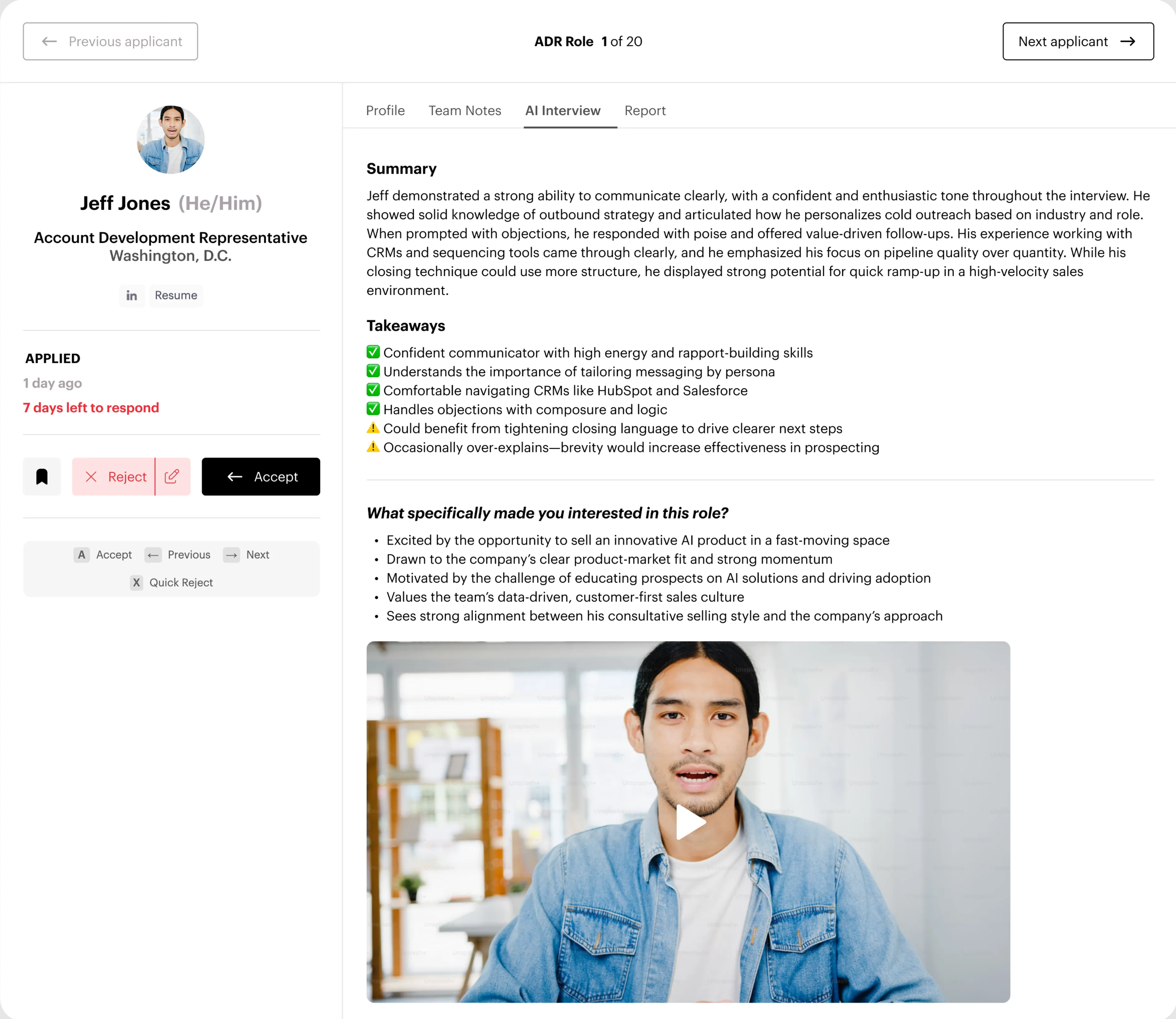 Wellfound's AI Interview feature showing a candidate summary, takeaways, and recorded video response for an Account Development Representative applicant.