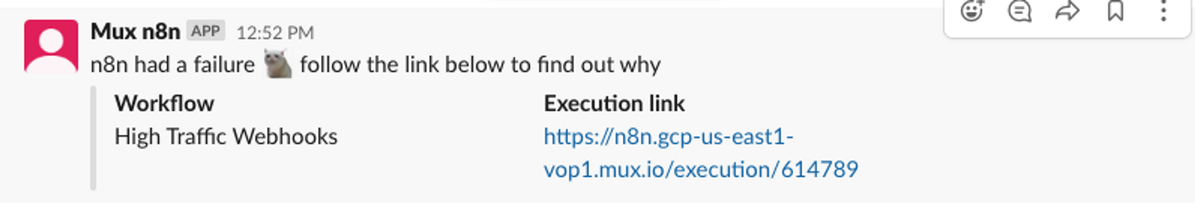 Mux n8n webhook message in slack showing a n8n failure