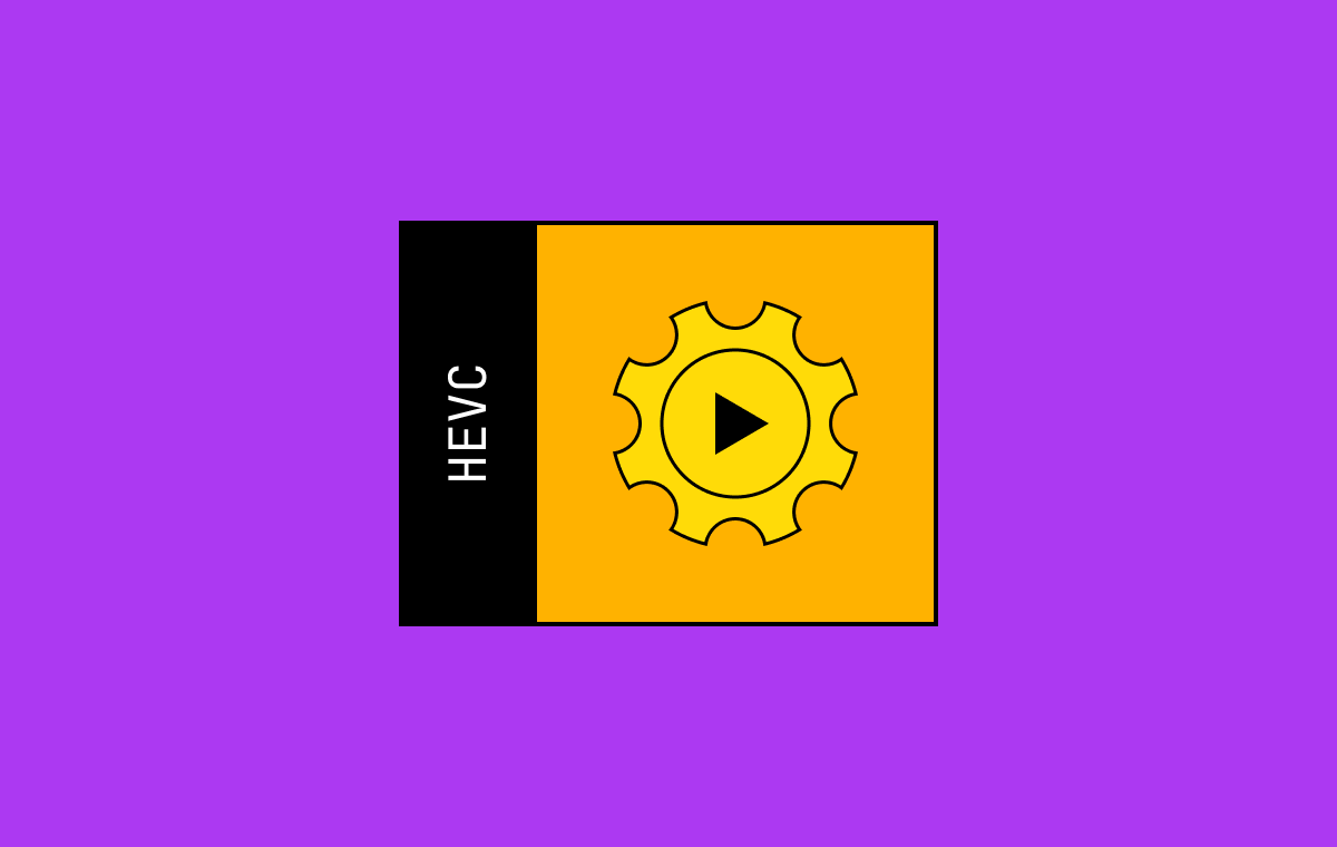 On a purple background the word HEVC next to a gear with a play button in an orange box.