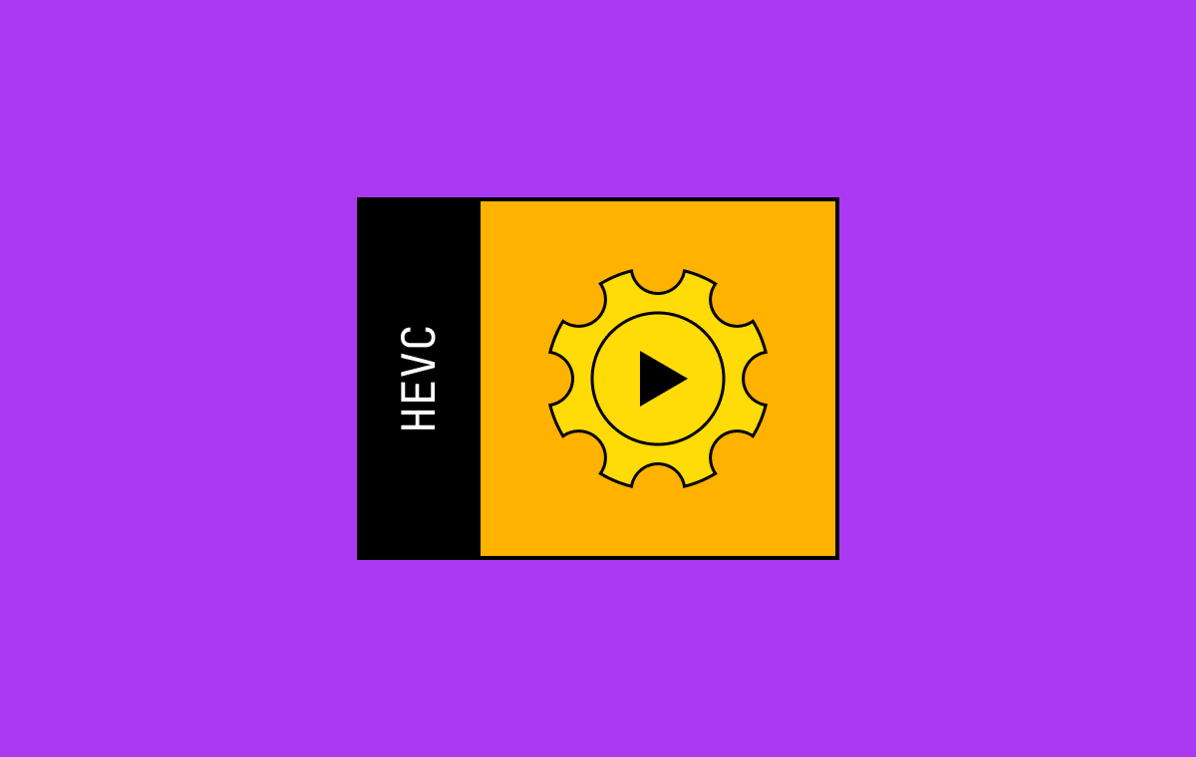 On a purple background the word HEVC next to a gear with a play button in an orange box.