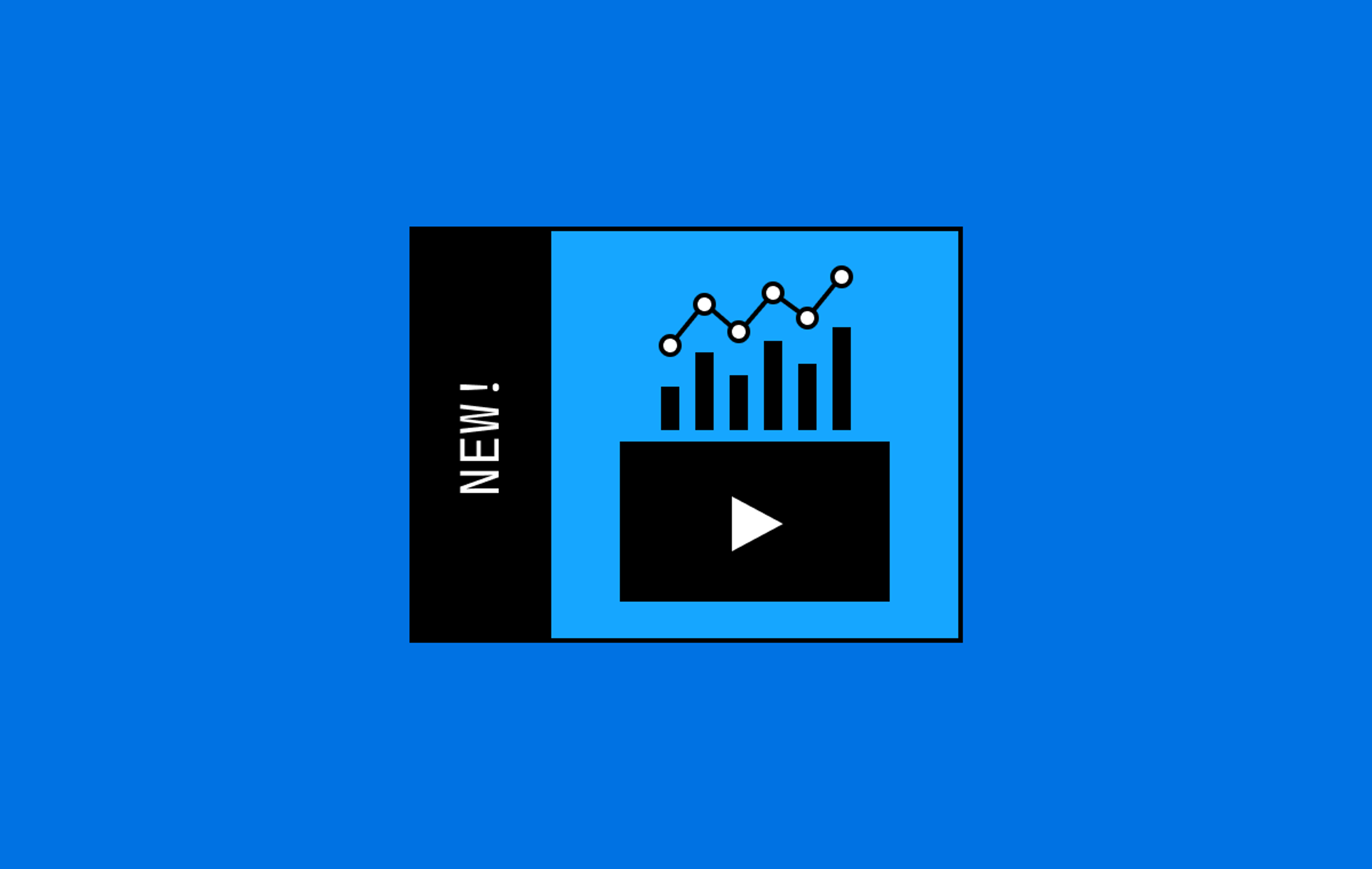 On a blue background an icon of a video player with a graph above it with the word new written beside it