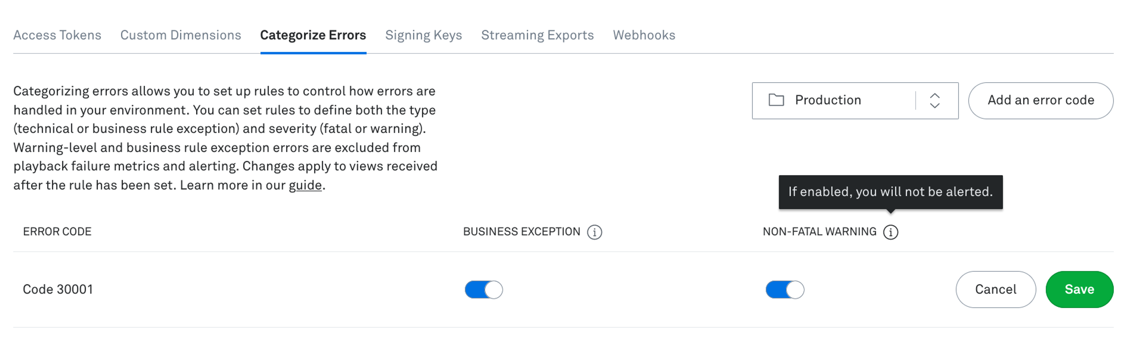 Screenshot of Mux Data dashboard where you can disable alerts for non-fatal errors