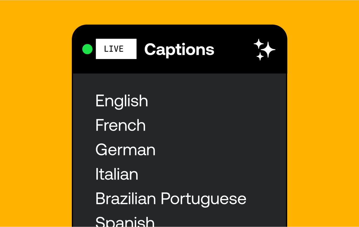 Image that says live captions and lists English, French, German, Italian, Brazilian Portuguese