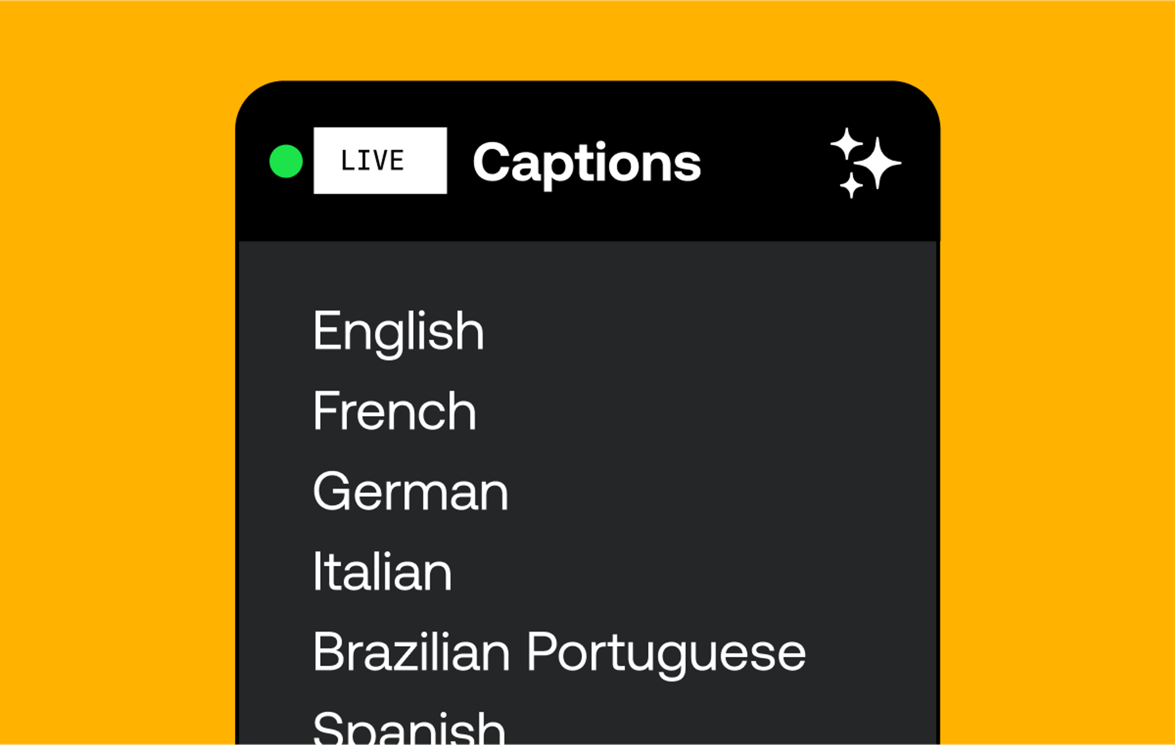 Image that says live captions and lists English, French, German, Italian, Brazilian Portuguese