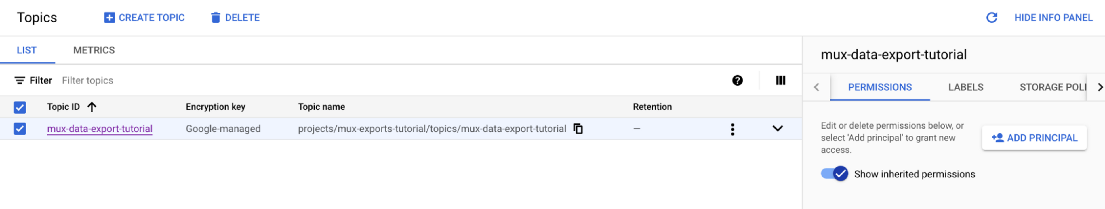 A screenshot of the Topics page, showing the "Permissions" section which contains a button labeled "Add Principal."