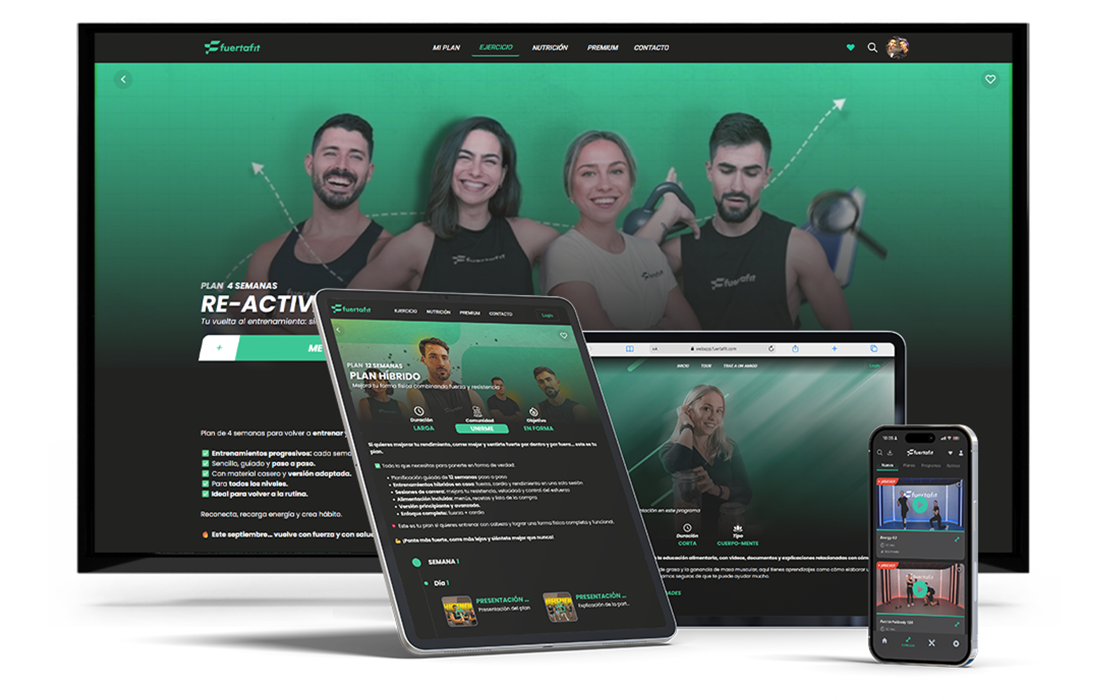 Fuertafit across devices, including tablet, laptop, phone