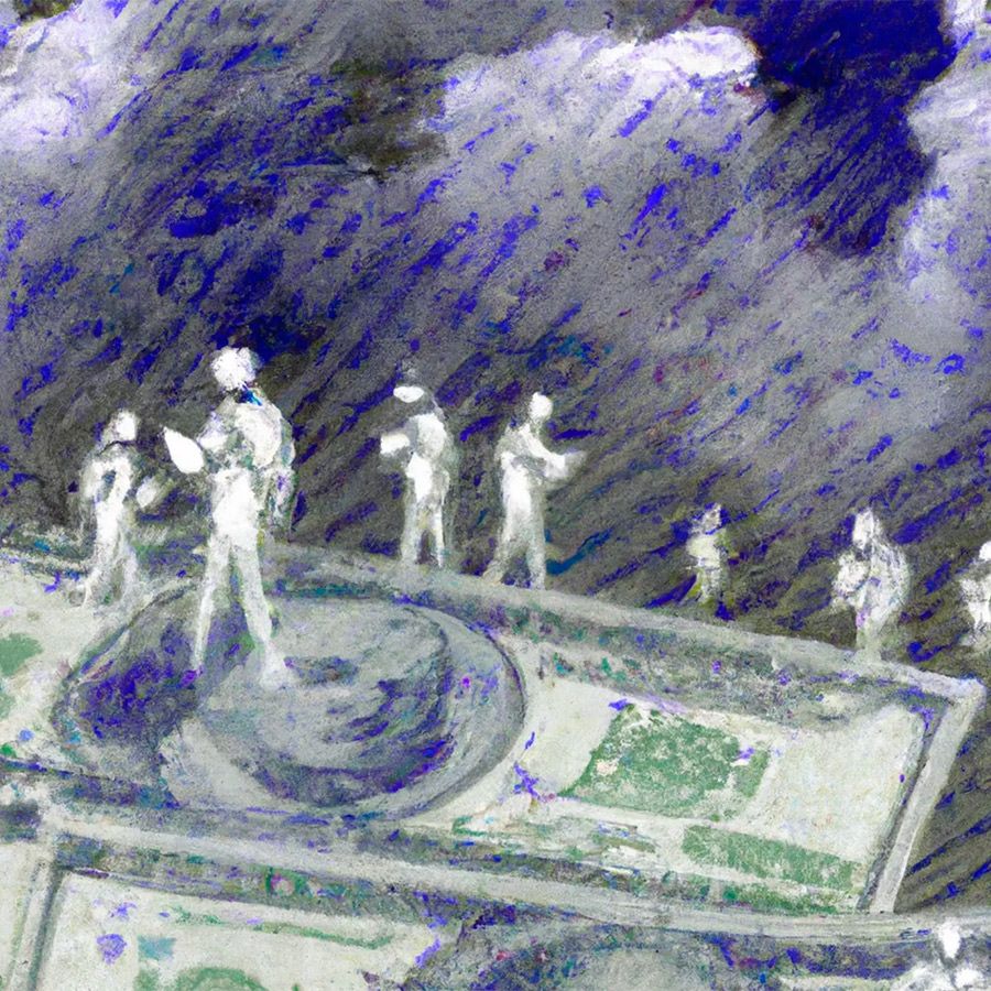 Oncoming storm clouds containing hundred dollar bills and human figures holding internet-connected devices,, abstract art
