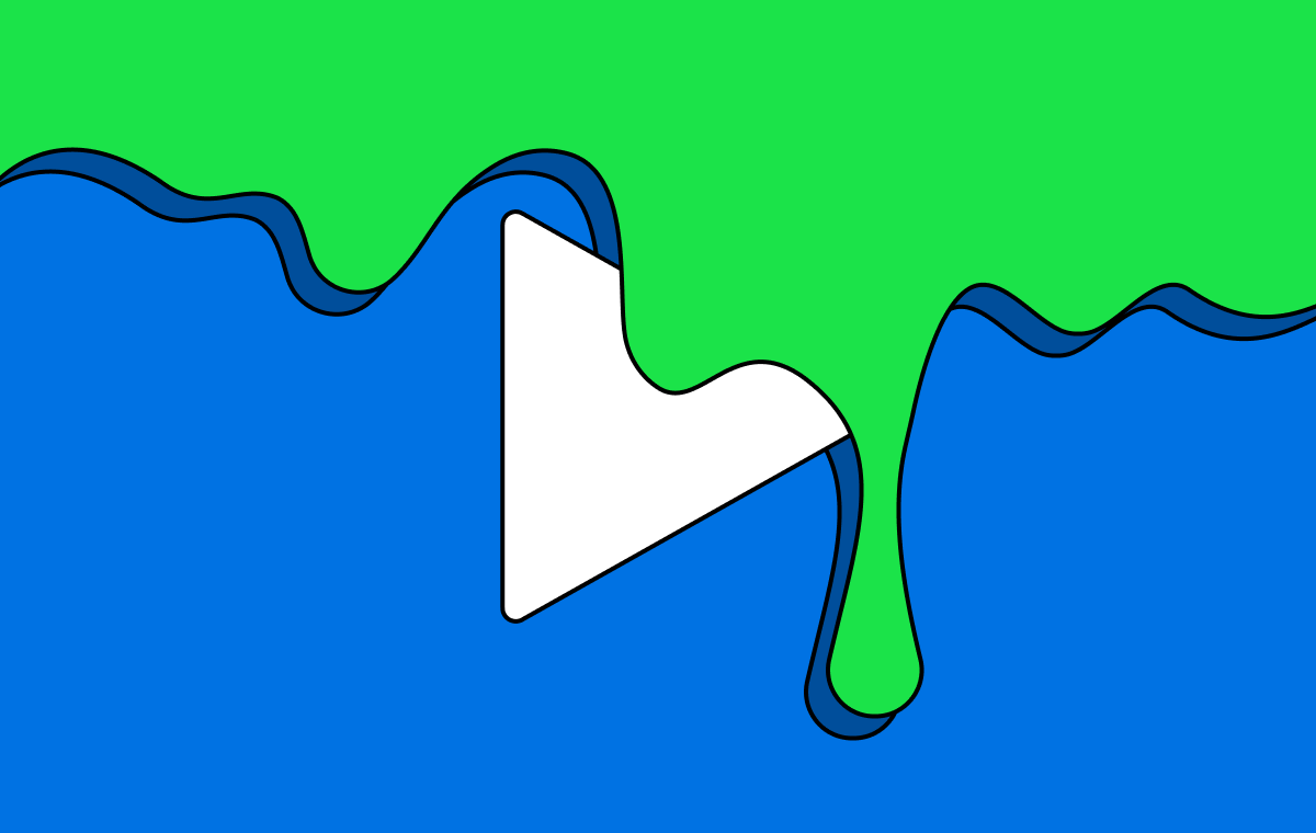 Green gak slimes its way down over the top of a white play icon layered above a blue background. What a mess!