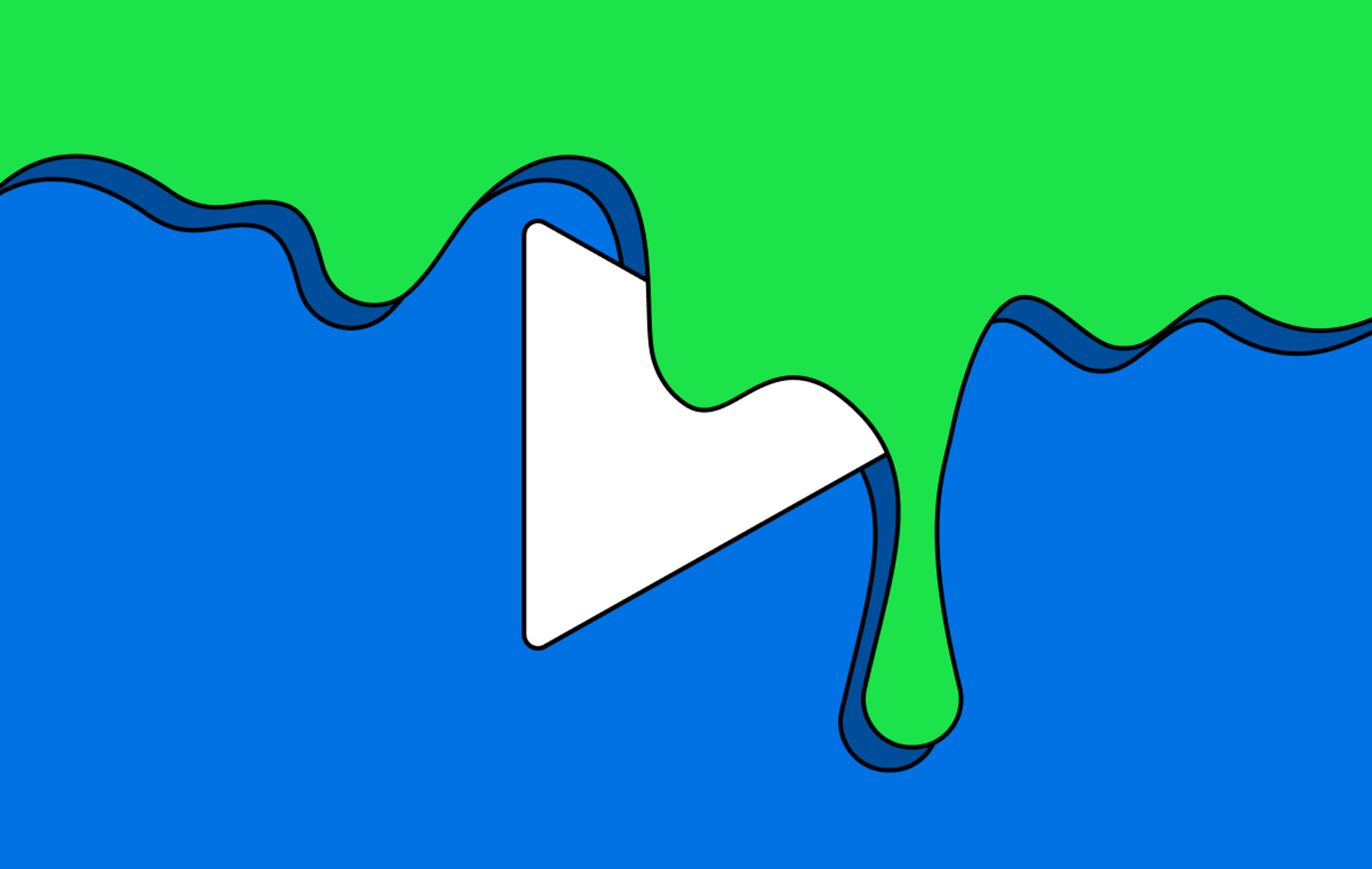 Green gak slimes its way down over the top of a white play icon layered above a blue background. What a mess!