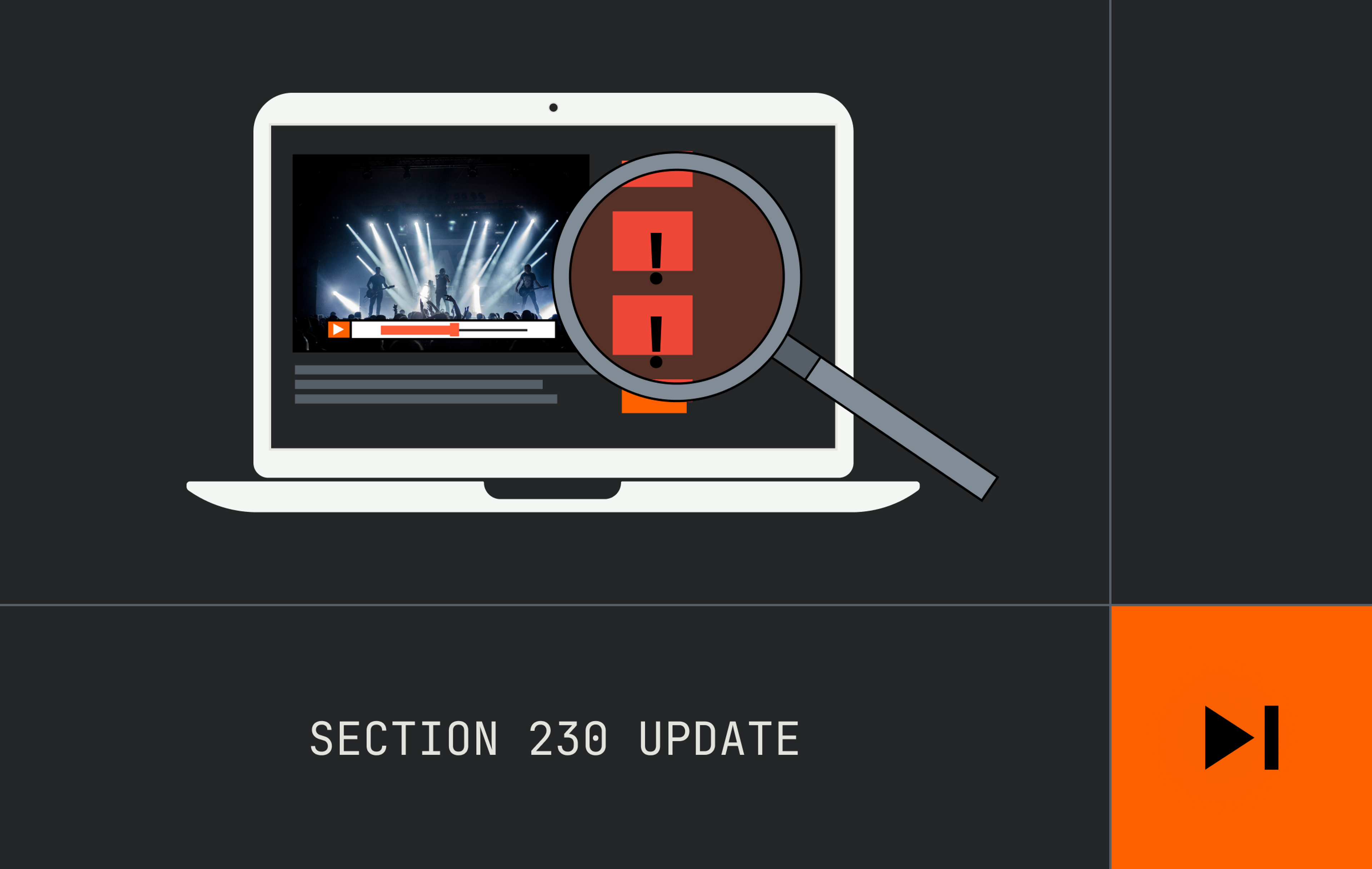 A laptop showing a site similar to YouTube with the recommendation list, a skip button in the bottom left, and text saying "Section 230 update"