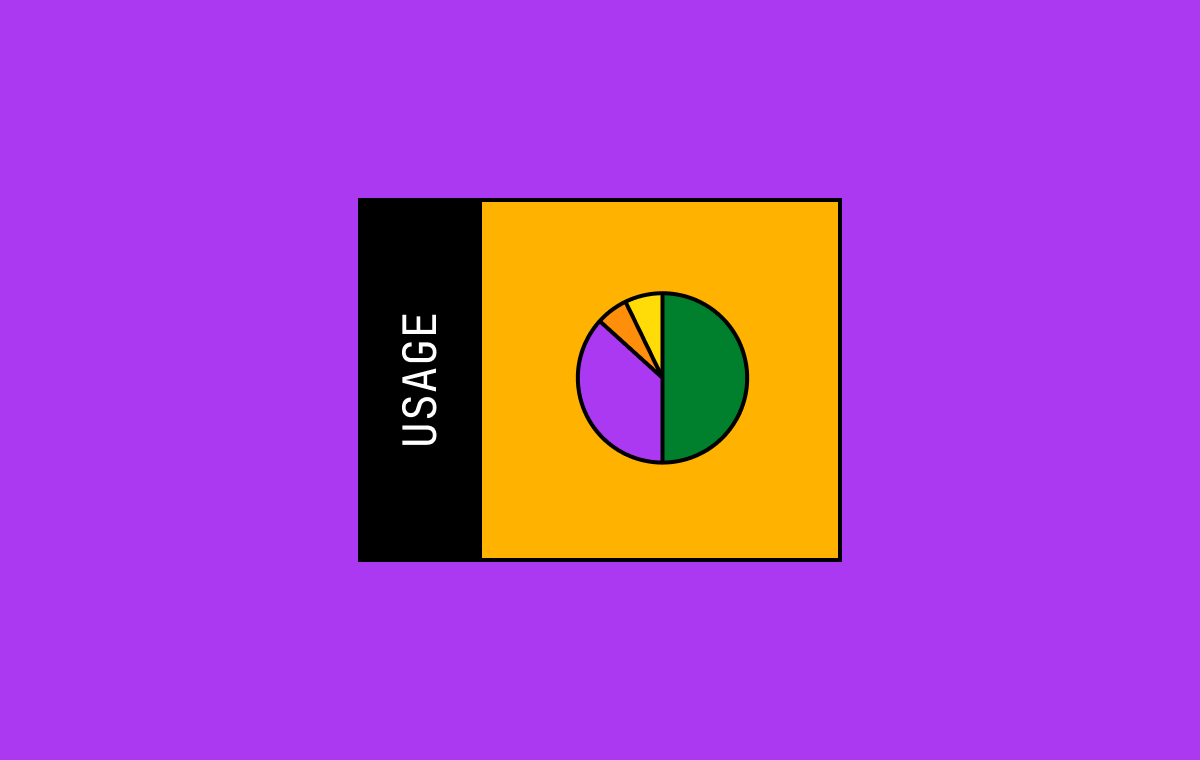 On a purple background a pie chart in an orange box and the word usage on the side