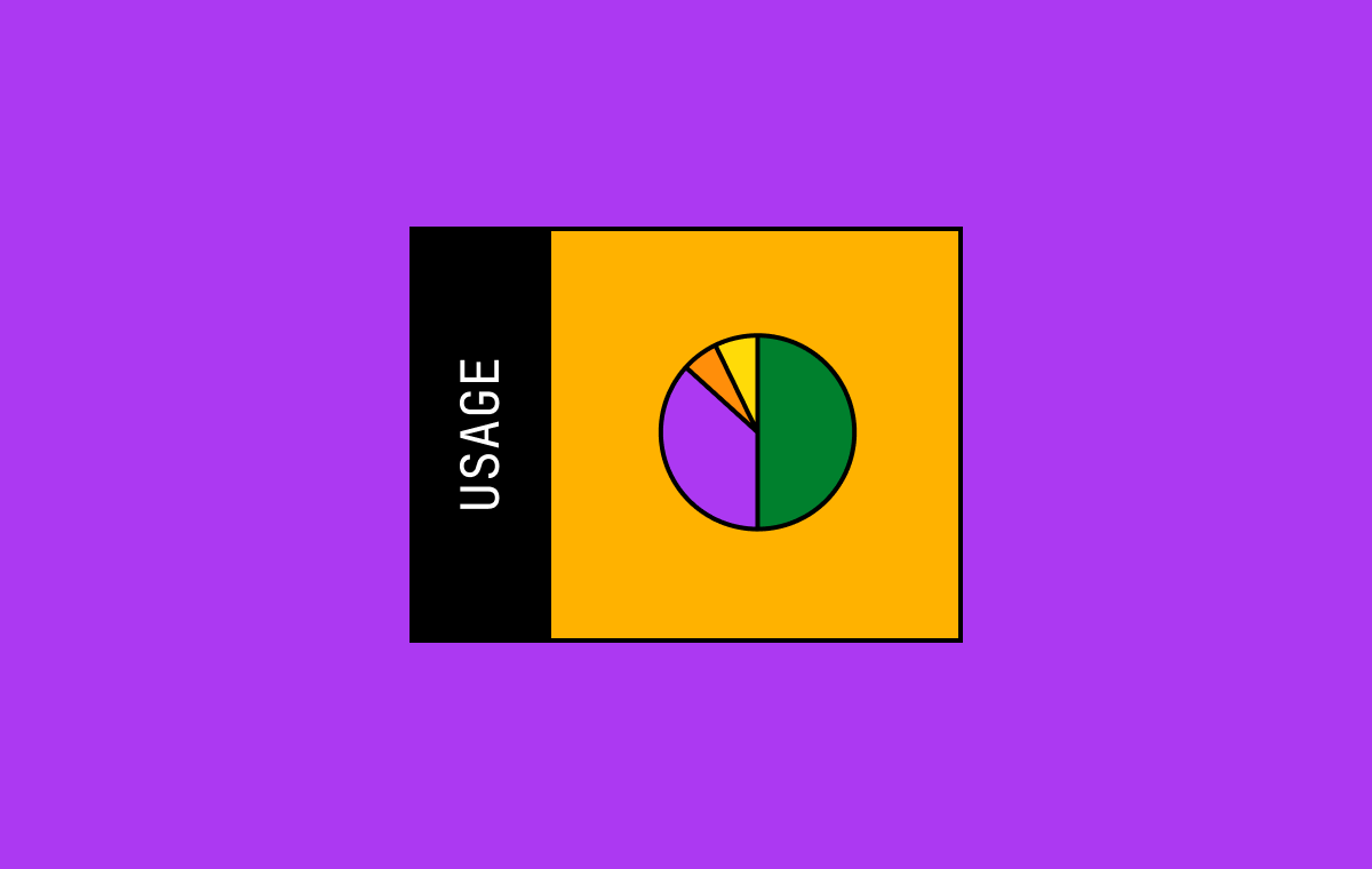 On a purple background a pie chart in an orange box and the word usage on the side