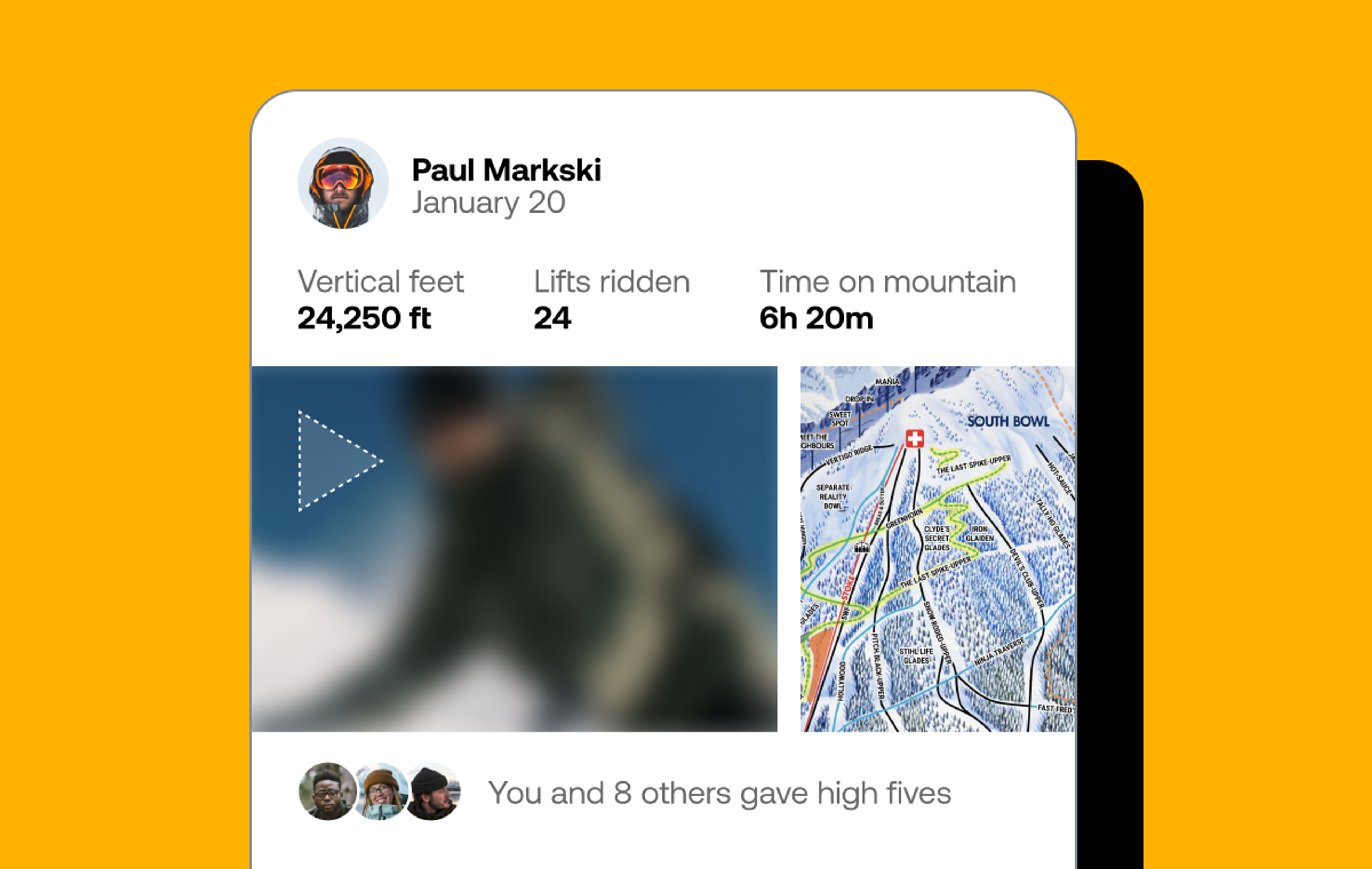A mockup of an application where a thumbnail of a snowboarder is blurry, then replaced with a full-resolution image.