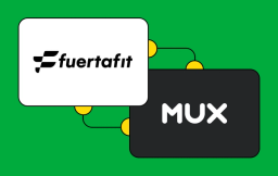 Fuertafit logo on the left, Mux logo on the right atop a green background