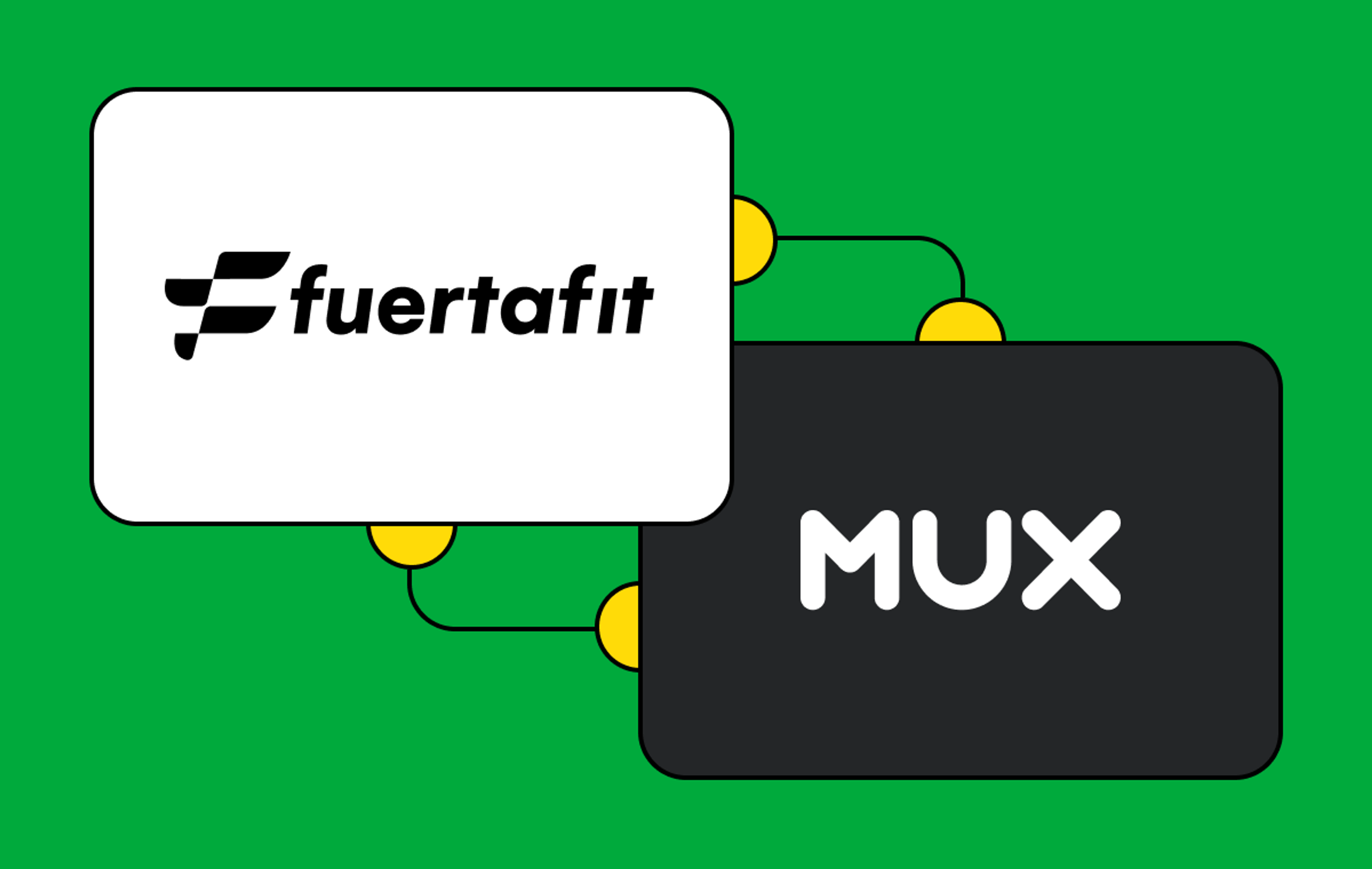 Fuertafit logo on the left, Mux logo on the right atop a green background