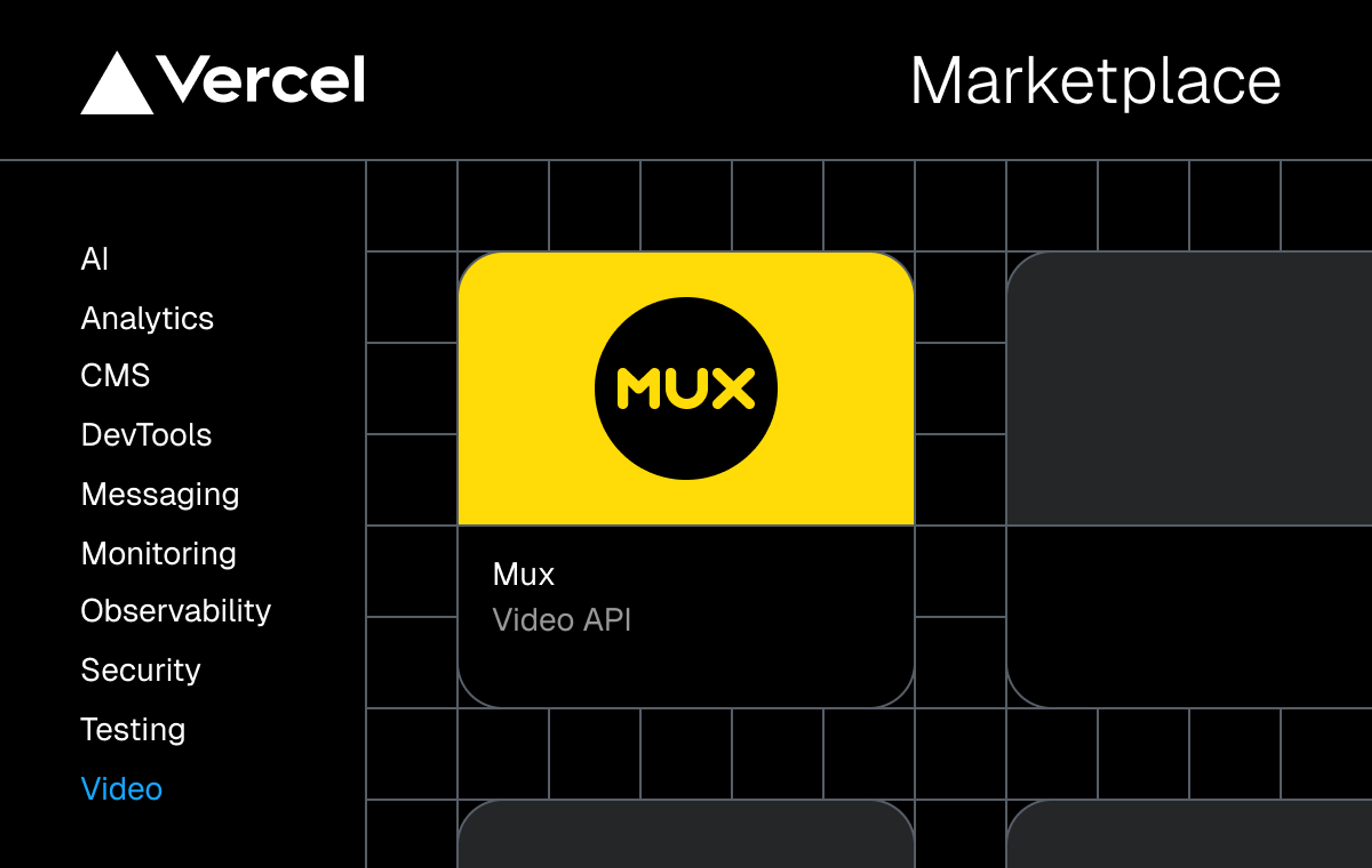 A screenshot of the Vercel Marketplace showing a bright yellow Mux tile with a black “Mux” logo under the Video category.