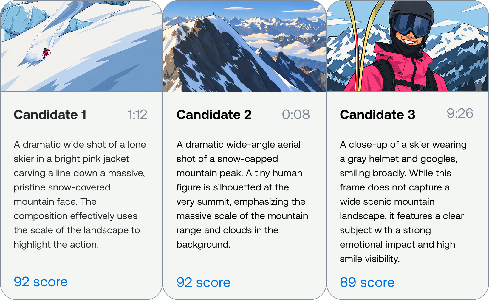 Three side-by-side result cards labeled Candidate 1, 2, and 3, each with a thumbnail, timestamp, a written description of the shot, and a relevance score of 92, 92, and 89.