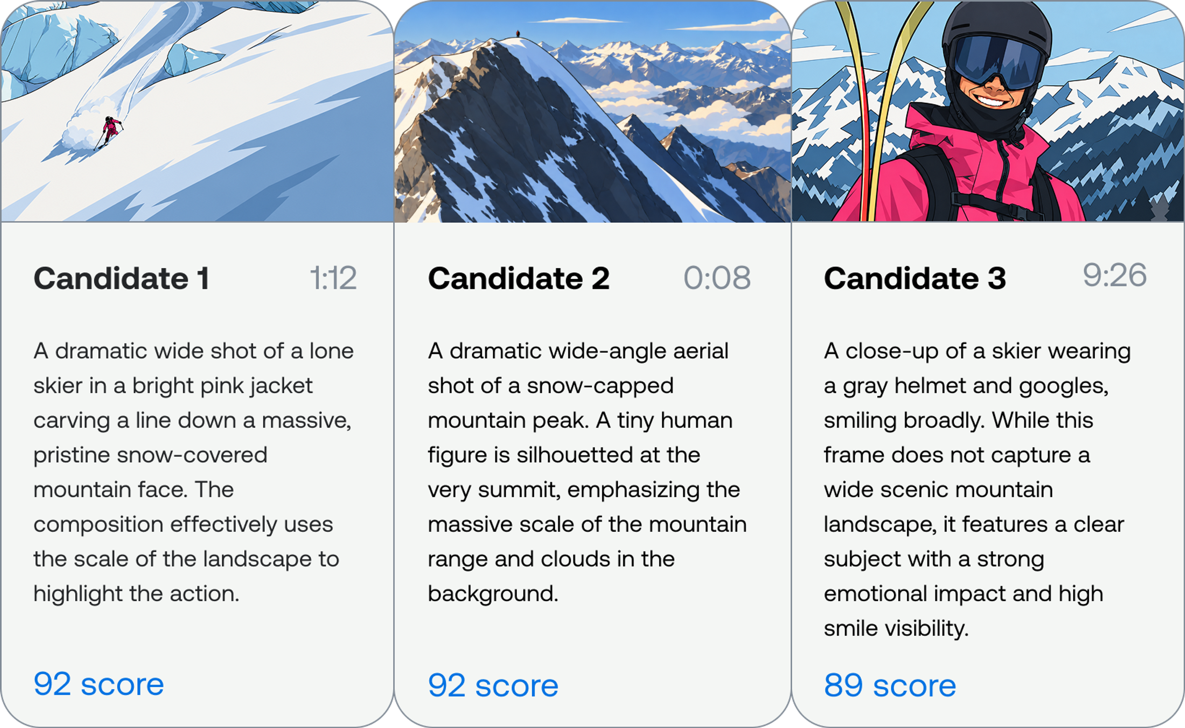 Three side-by-side result cards labeled Candidate 1, 2, and 3, each with a thumbnail, timestamp, a written description of the shot, and a relevance score of 92, 92, and 89.