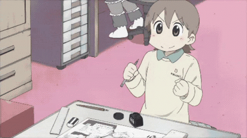 Yuuko from Nichijou going to advance the lead on her mechanical pencil but accidentally pressing the lead end. She then cries out in pain, and her house explodes.