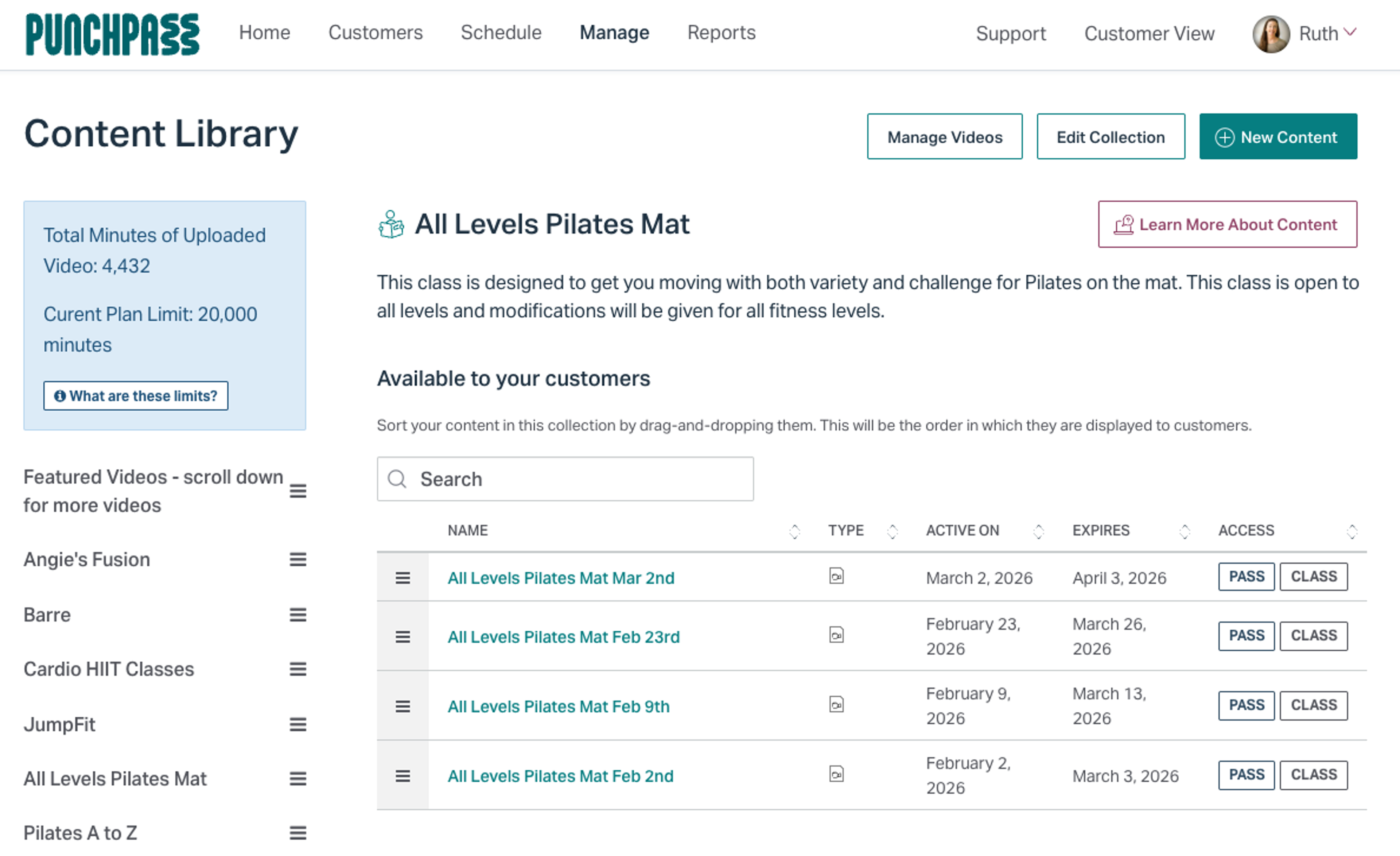 Content library view for an all levels pilates account