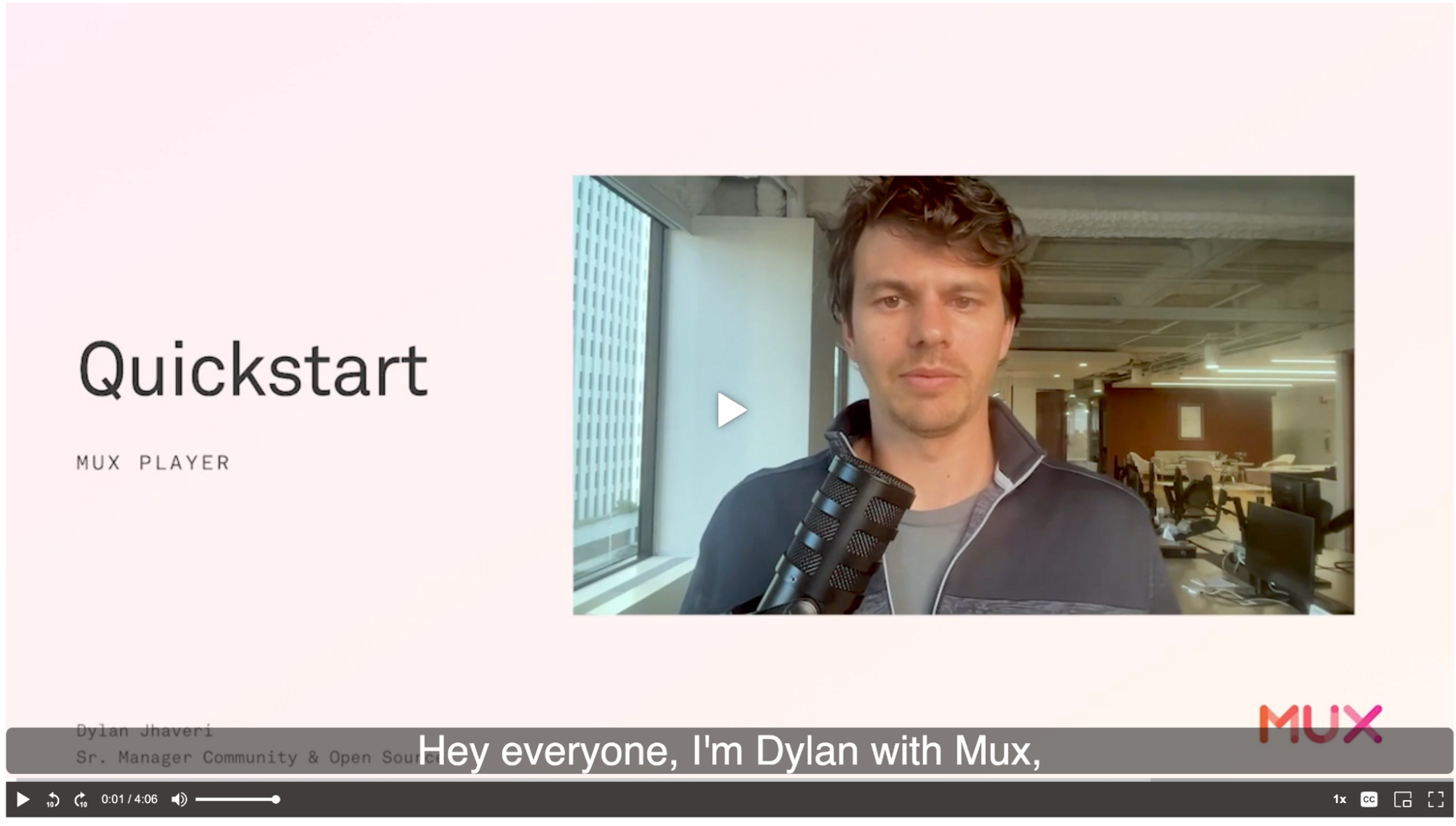 A screenshot showing Mux Player with a Quickstart video loaded in it
