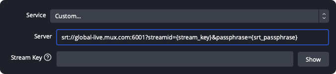 Screenshot of the SRT configuration in the OBS Stream Settings panel