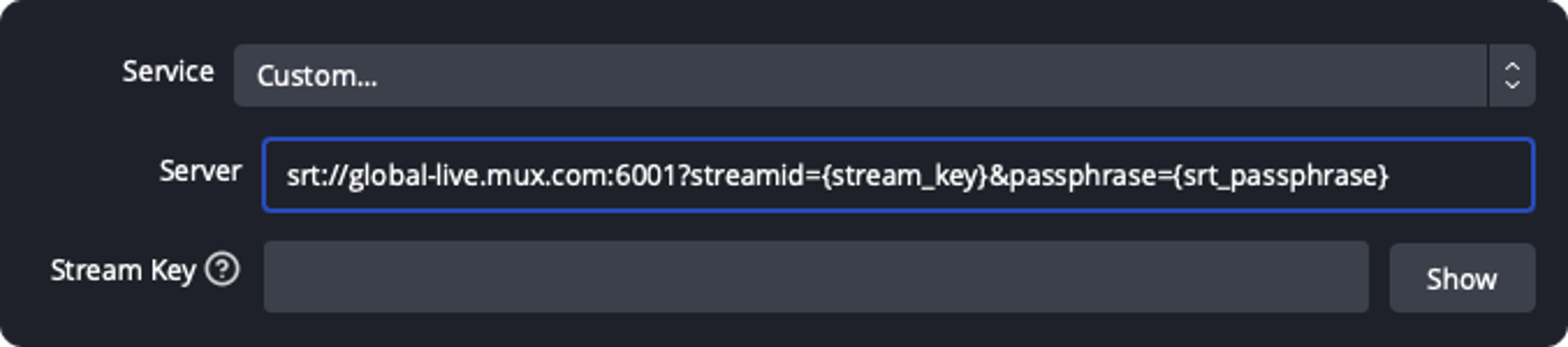 Screenshot of the SRT configuration in the OBS Stream Settings panel