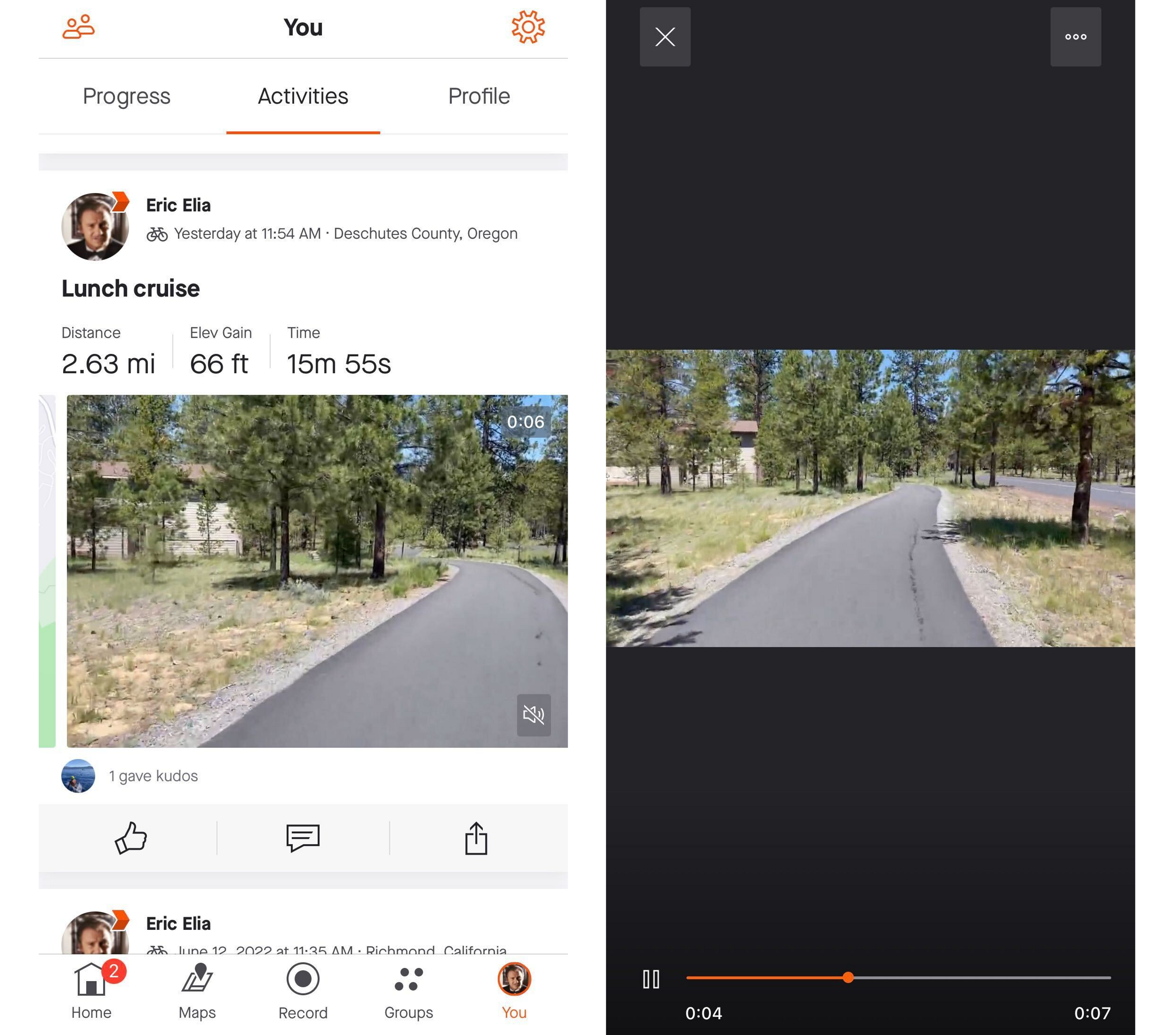 Screenshot of the video posted by Eric to the Strava app of his bike ride in Oregon
