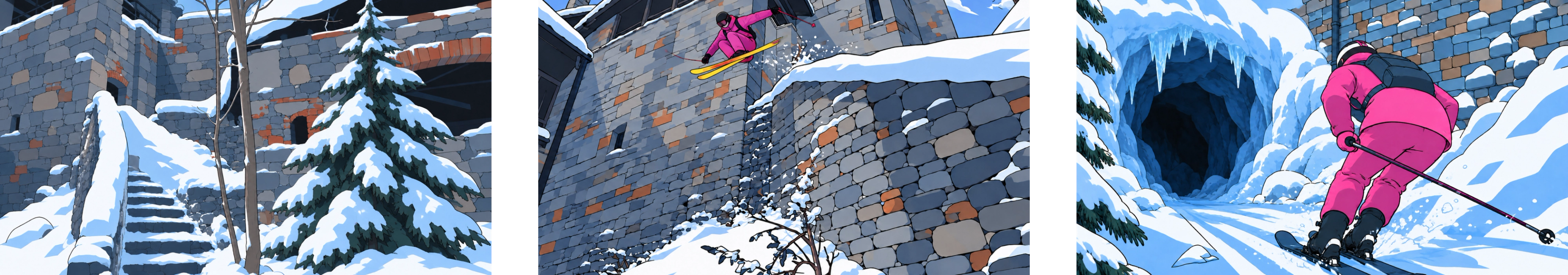 Three illustrated frames in a row: snow-covered stone ruins with a buried staircase and a pine tree; a skier in pink launching off the edge of a stone building; and the same skier from behind, poles planted, heading toward an icicle-fringed ice cave.