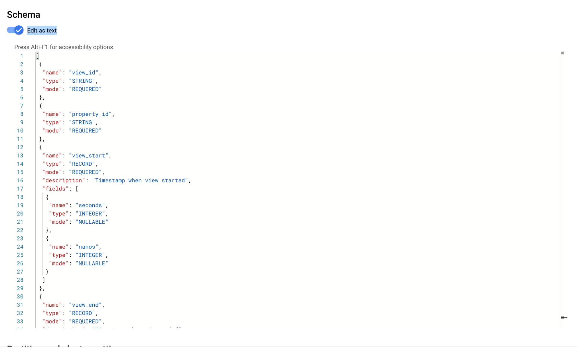 A screenshot of a form field for editing the schema as text. The textarea is prefilled with the JSON schema as described above.