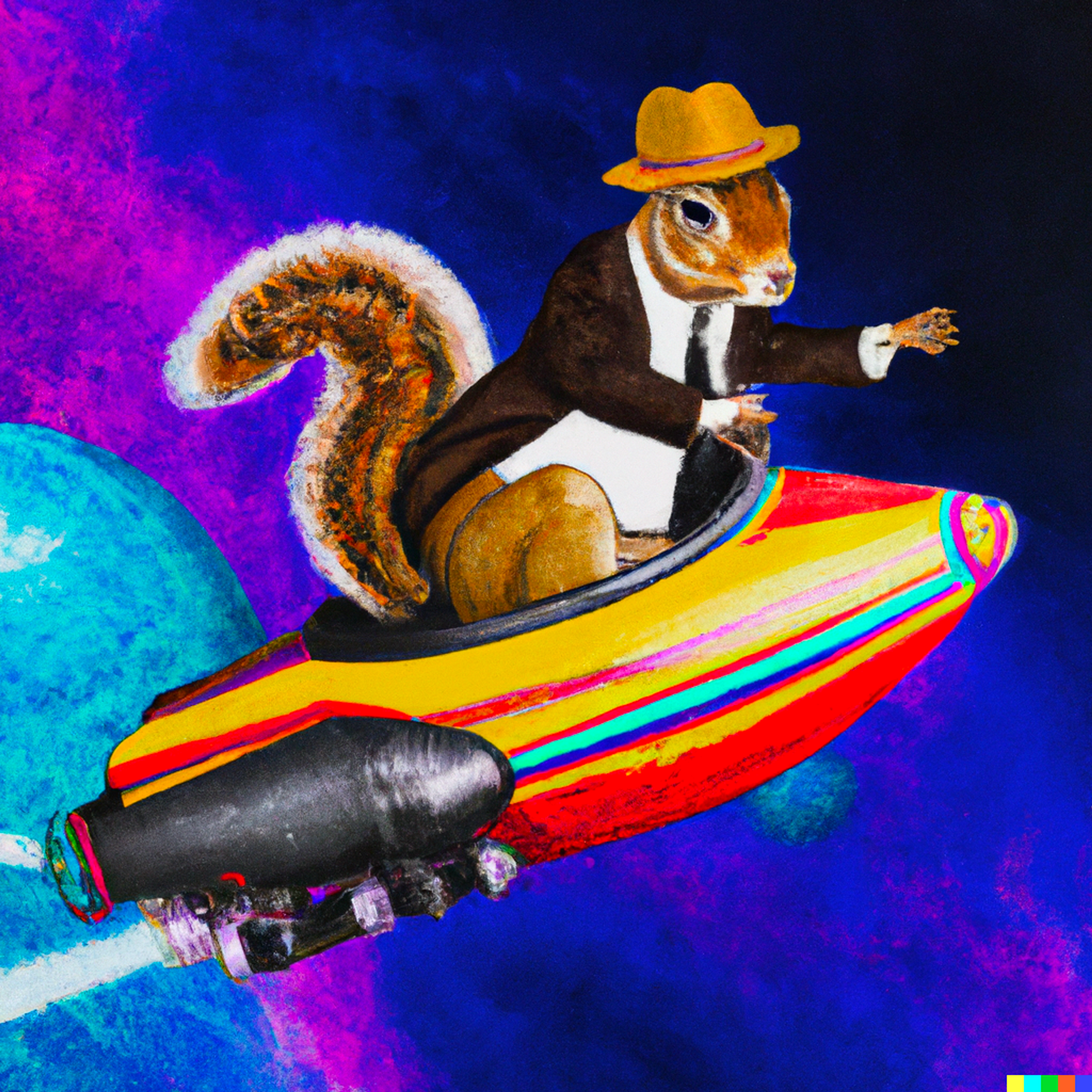 Digital art of a squirrel wearing a hat riding a tiny rocketship into space.