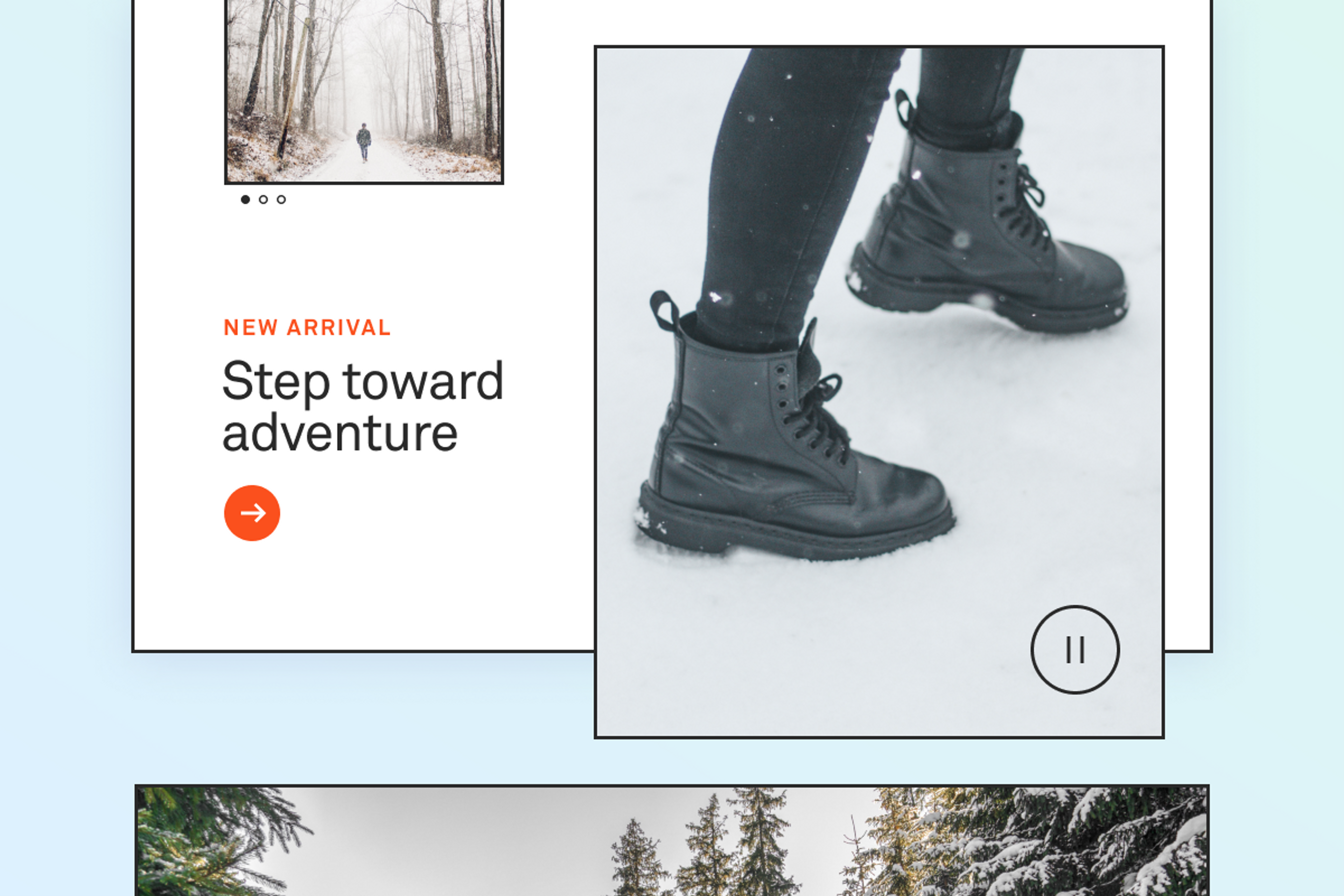 A product shot of black boots walking in the snow, with the text "New Arrival: Step toward adventure" and an "Explore" button