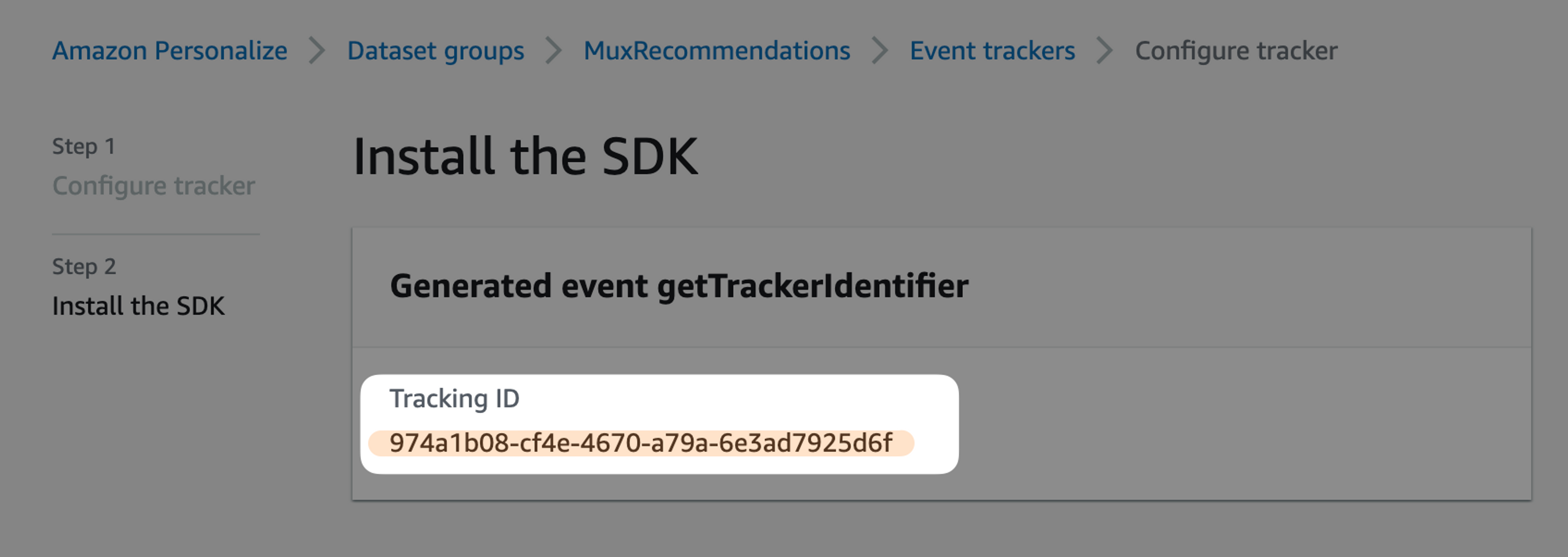 A screenshot of an Event tracker UUID provided by Amazon Personalize