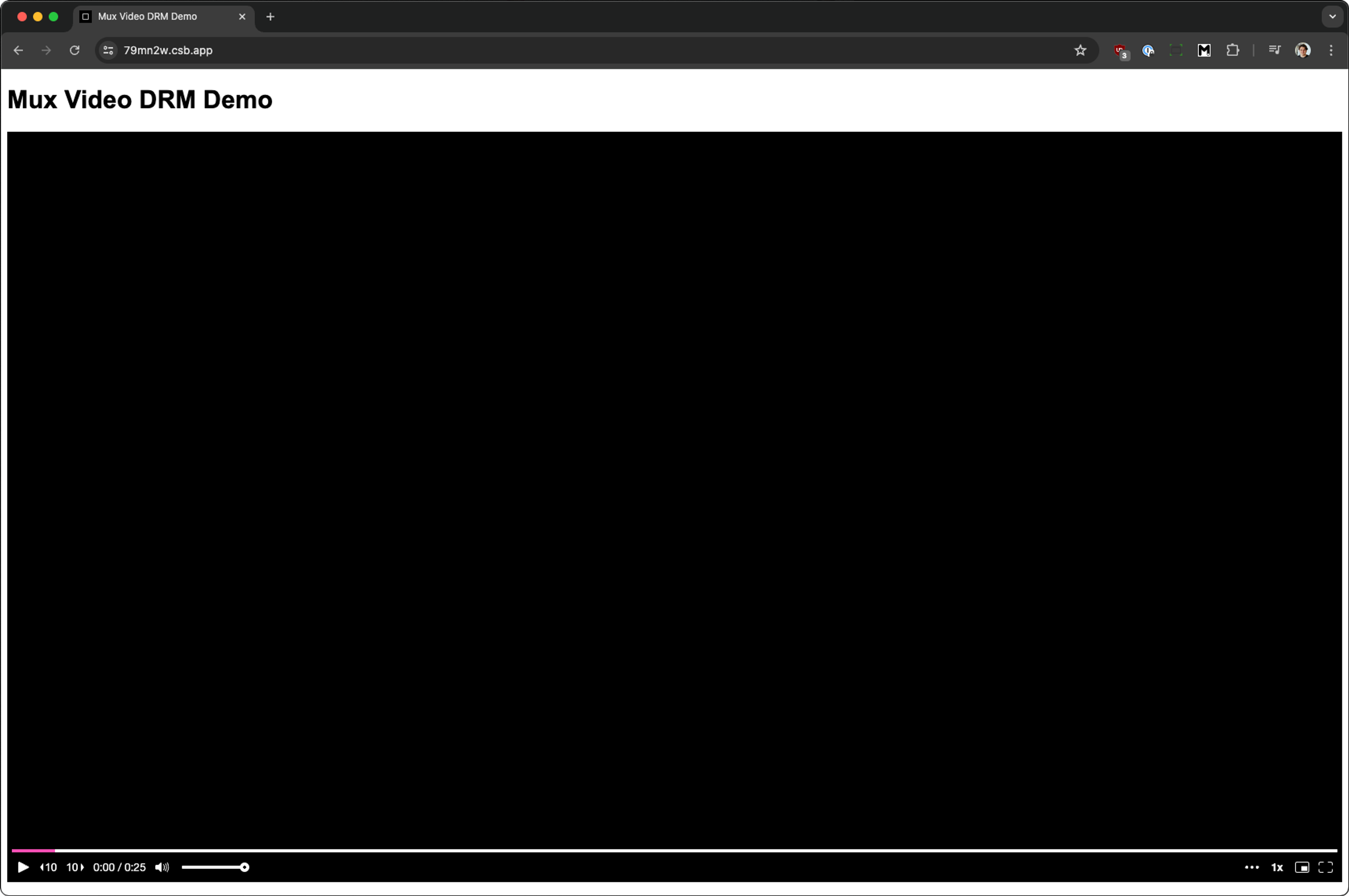 A browser window of a video player with just a black rectangle showing DRM in action