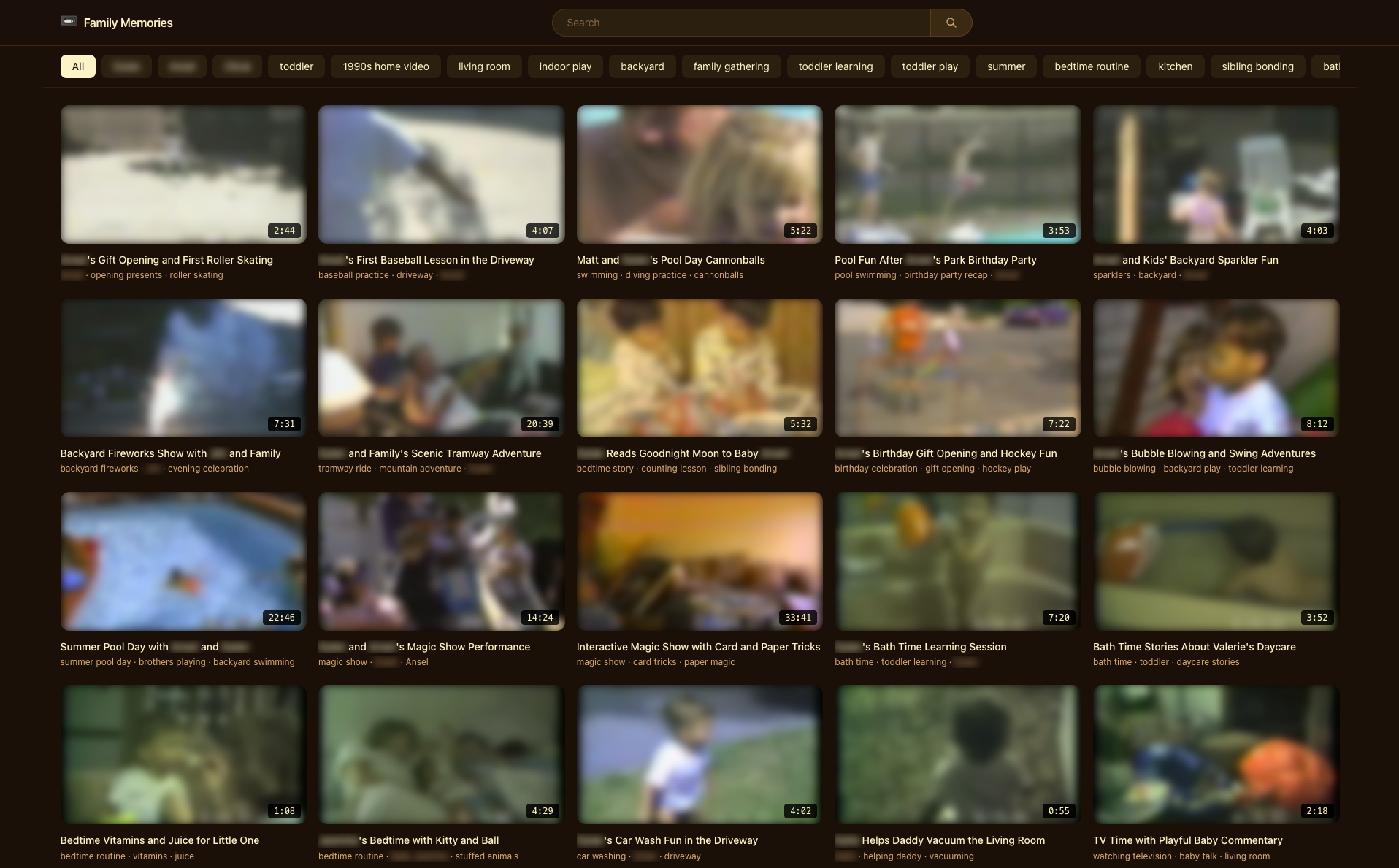 youtube-like UI of videos containing clips of family memories