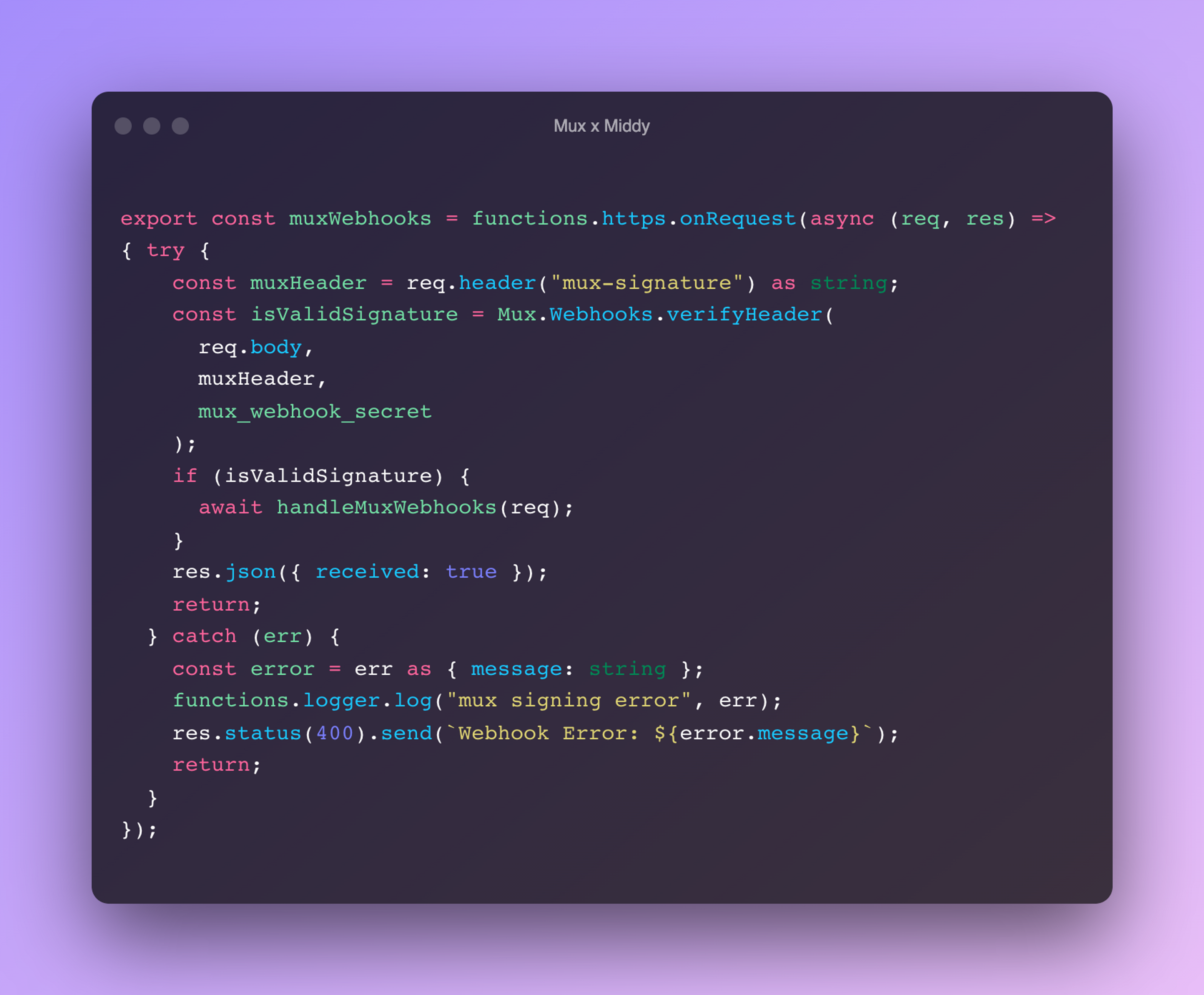 A screenshot of a code sample demonstrating how Middy handles incoming Mux webhooks