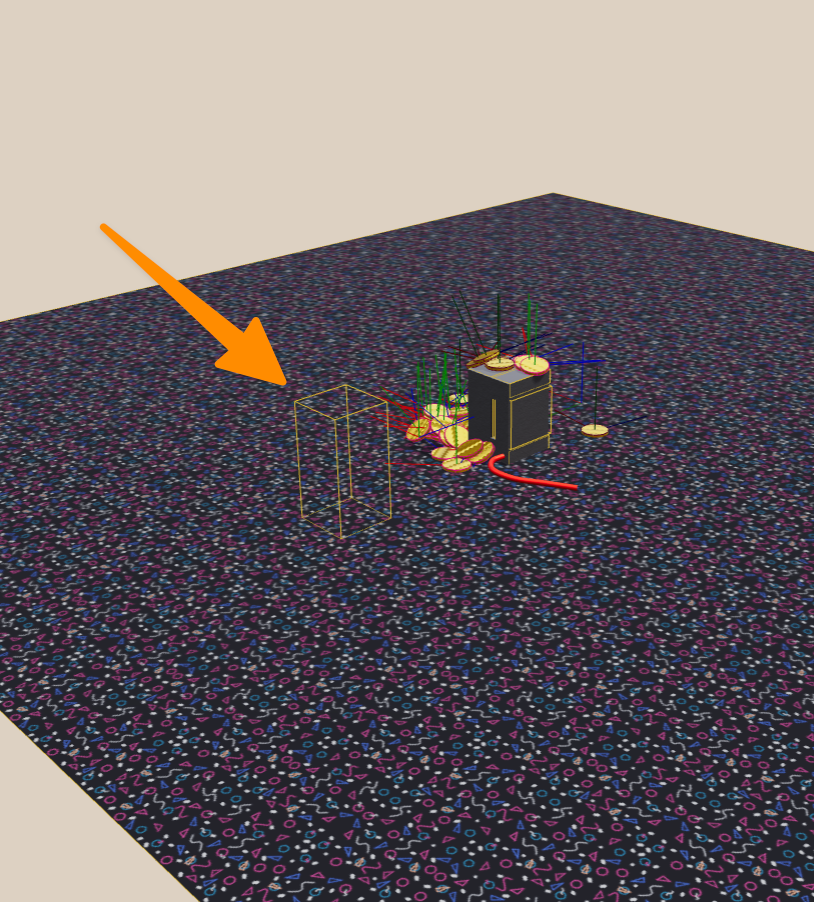 A wide view of a 3D scene shows a retro-patterned floor, a black coin mechanism surrounded by gold coins, and a large orange arrow pointing to a transparent yellow box. This box represents a sensor collider positioned behind the coin slot; it detects when a coin has rolled fully through the slot to confirm entry.