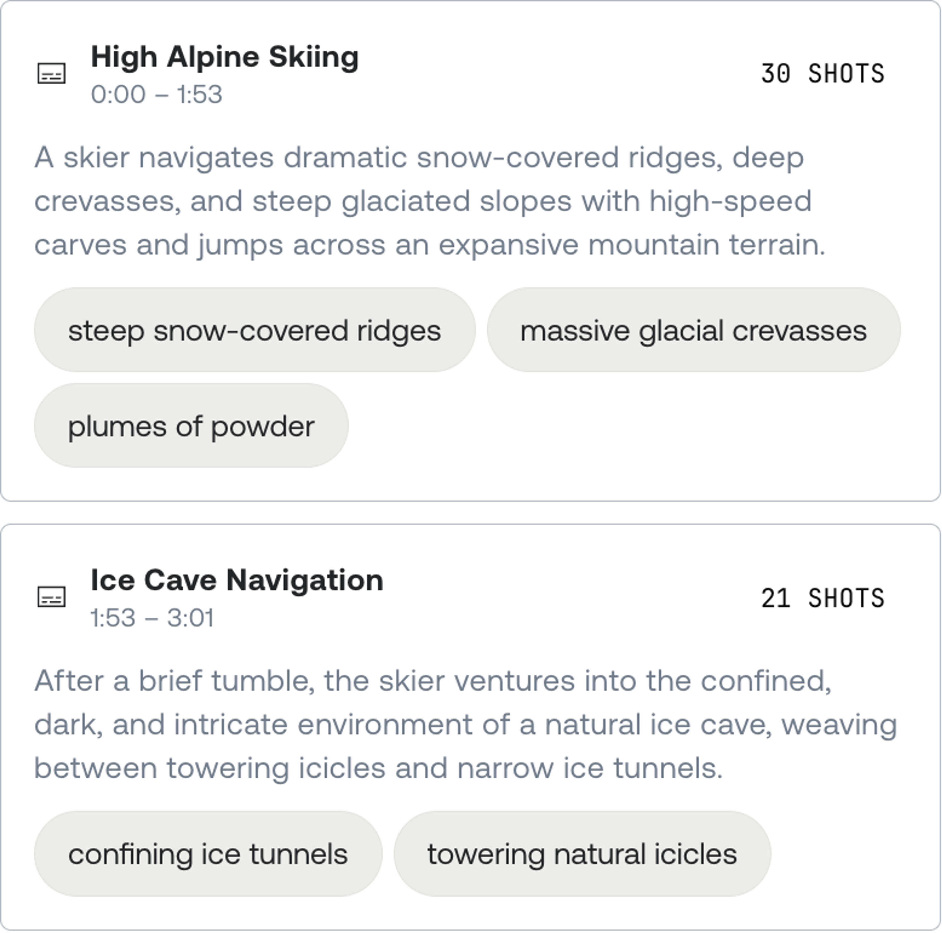Two scene cards from a video breakdown. The first, "High Alpine Skiing" (0:00–1:53, 30 shots), describes a skier carving and jumping across snow-covered ridges, crevasses, and glaciated slopes, tagged with steep snow-covered ridges, massive glacial crevasses, and plumes of powder. The second, "Ice Cave Navigation" (1:53–3:01, 21 shots), describes the skier entering a dark natural ice cave and weaving between icicles and narrow tunnels, tagged with confining ice tunnels and towering natural icicles.