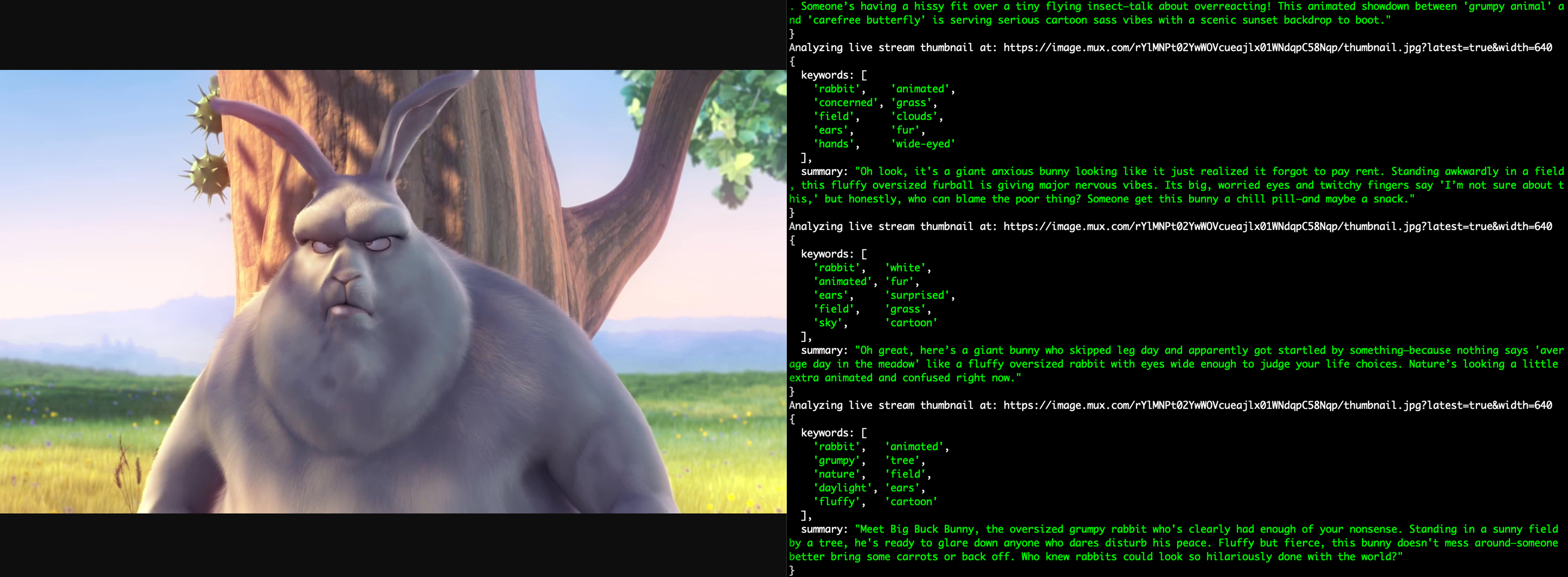 A screenshot of "Big Buck Bunny" on the left, and a terminal summarising the video frame on the right. This time the summary is sassy.
