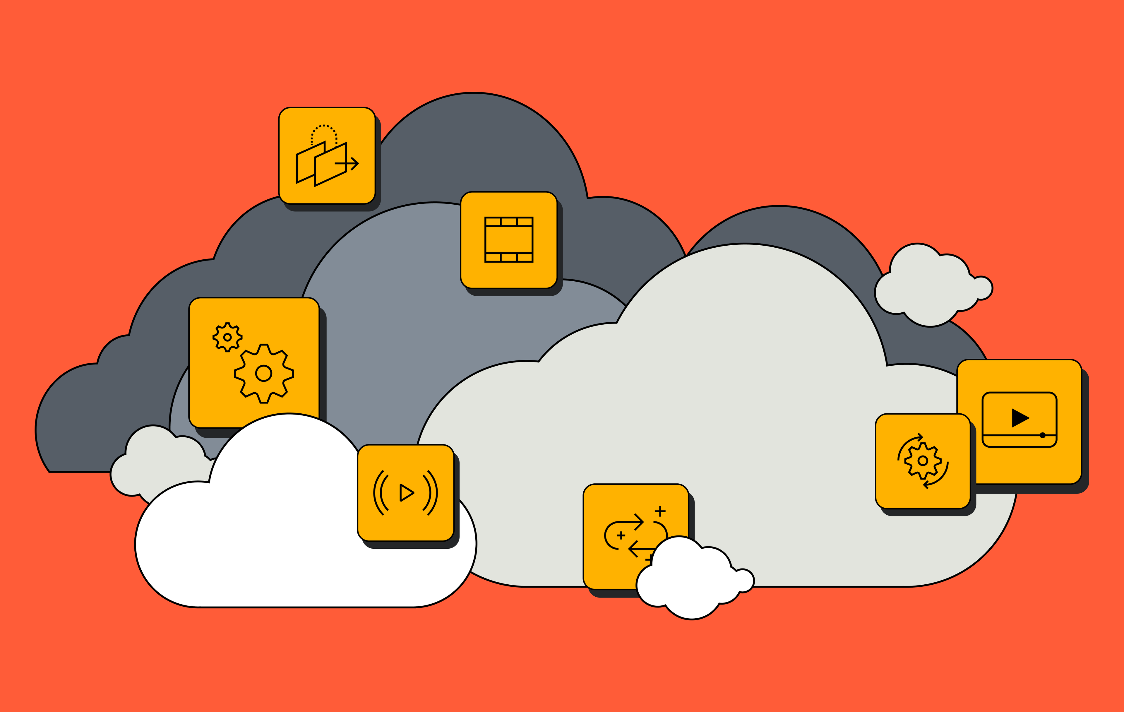 A graphic design of a group of thunderstorm clouds containing icons that depict the actions of a typical cloud encoding service.