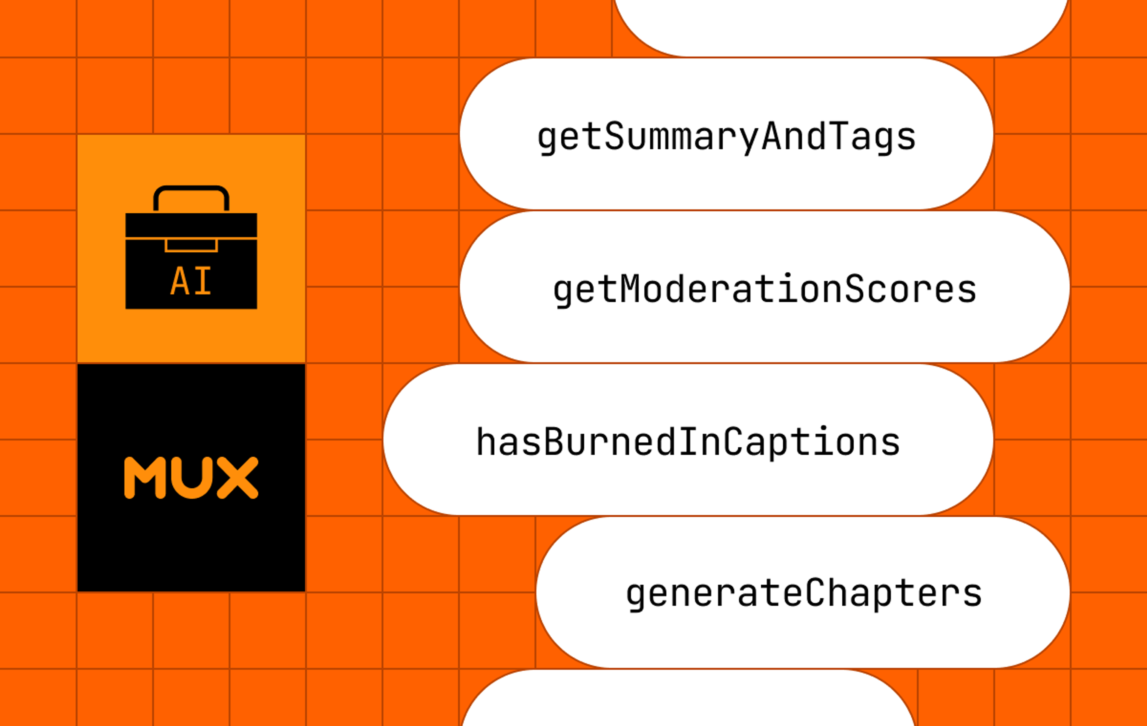 A toolkit icon next to a list of video/AI features, including getSummaryAndTags, generateChapters, and more.