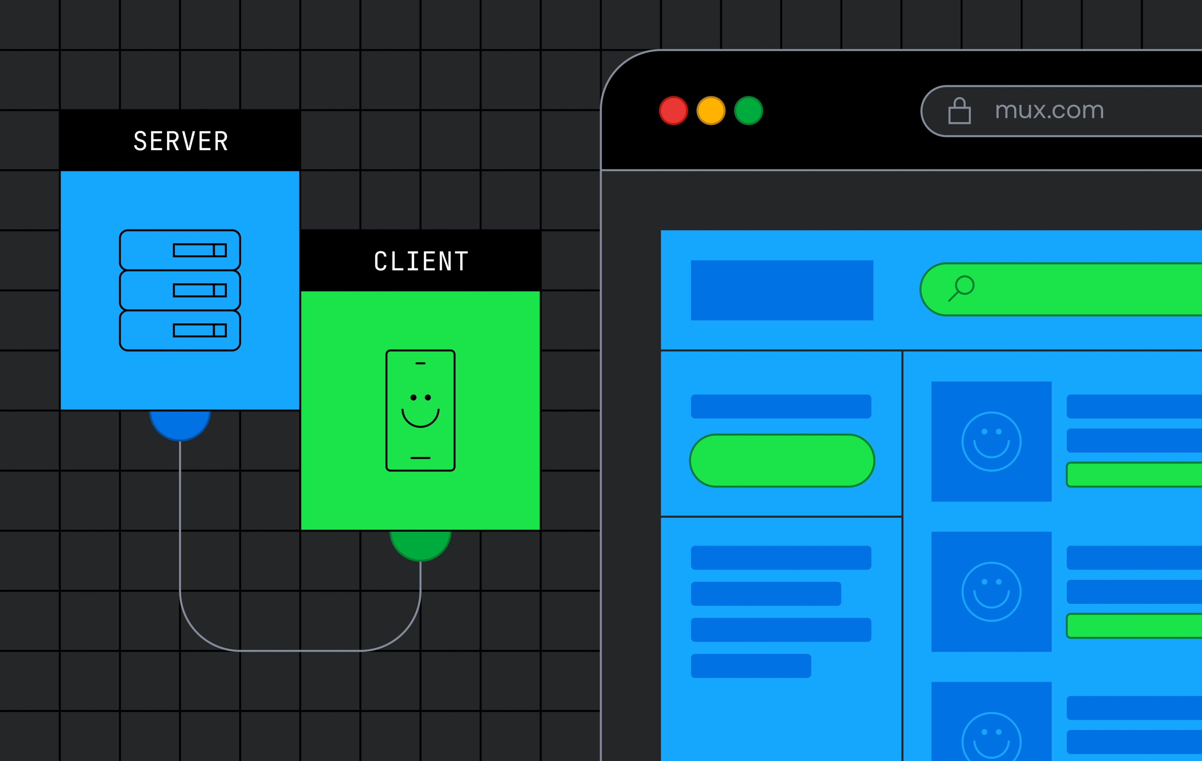 An illustration of a browser window showing different page components highlighted in different colors, depicting that some components are client-rendered while others are server-rendered.