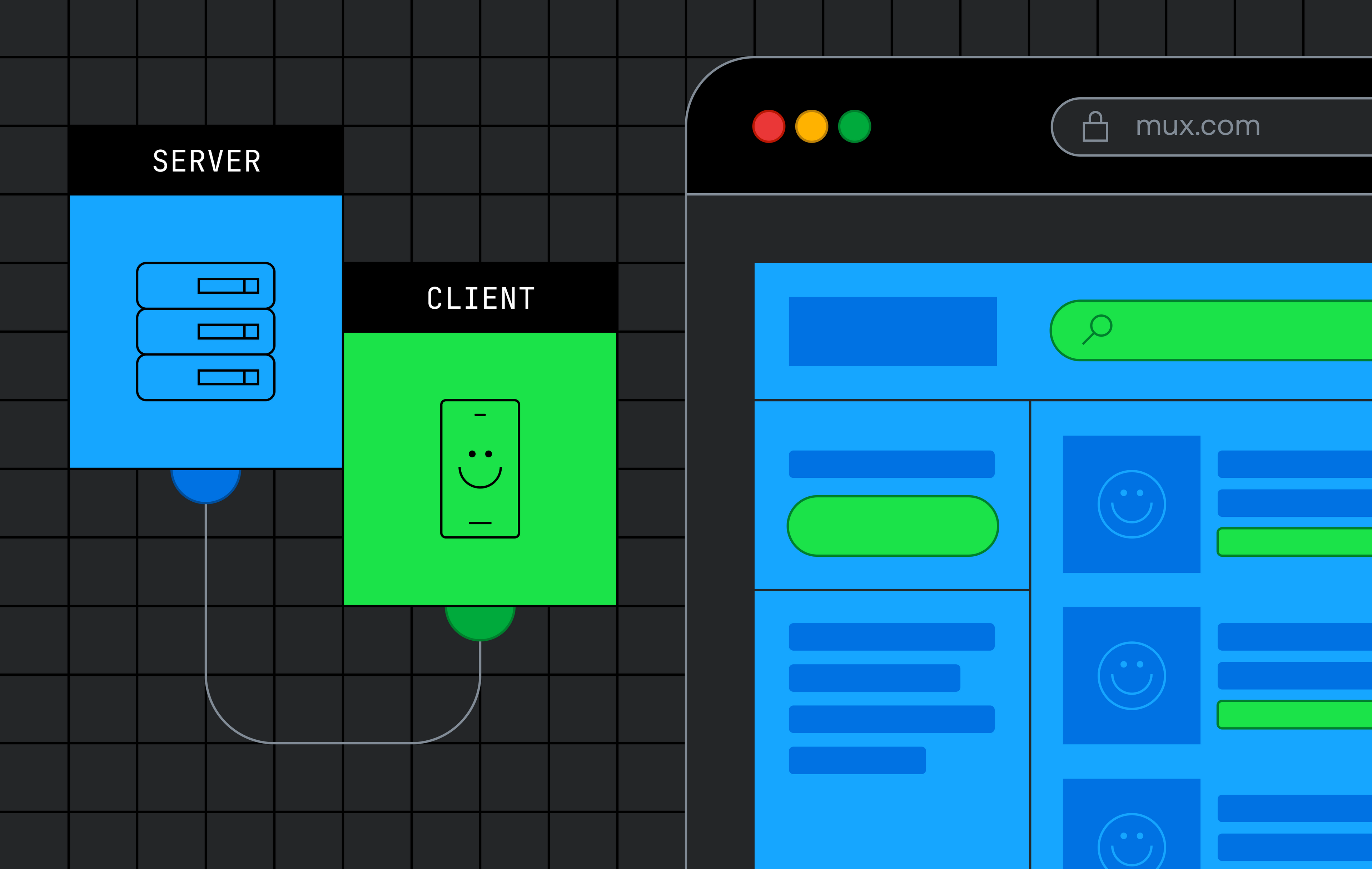 An illustration of a browser window showing different page components highlighted in different colors, depicting that some components are client-rendered while others are server-rendered.